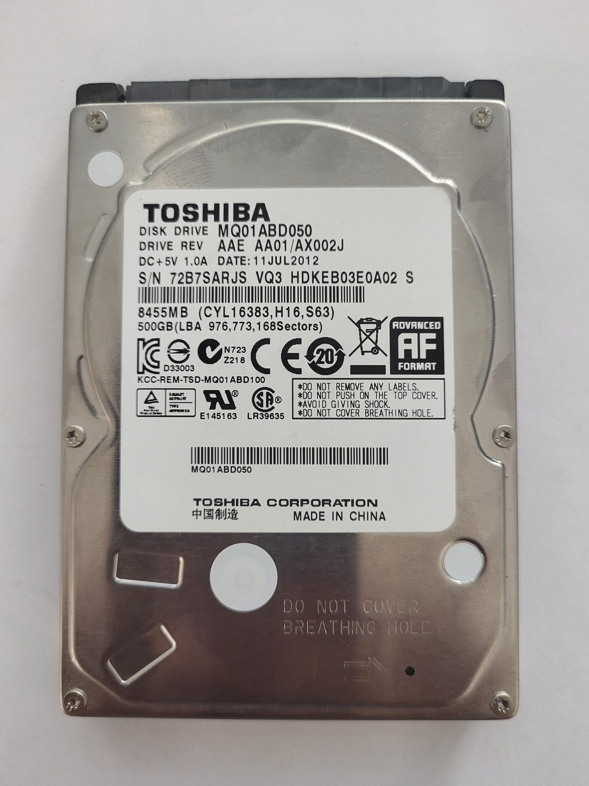 MQ01ABD050, HDKEB03E0A02 S, FW: AA01/AX002J, 11 JUL 2012, Toshiba 500Gb 2.5" HDD STK