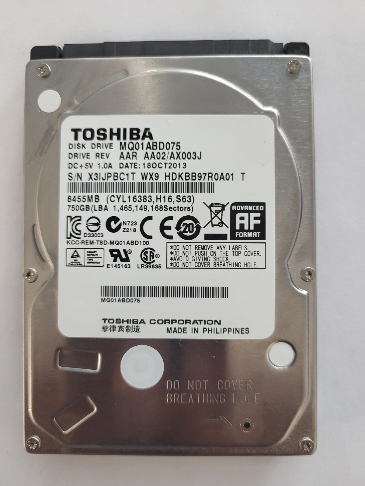 MQ01ABD075, HDKBB97R0A01 T, FW: AA02/AX003J, 18 OCT 2013, Toshiba 750Gb 2.5" HDD STK