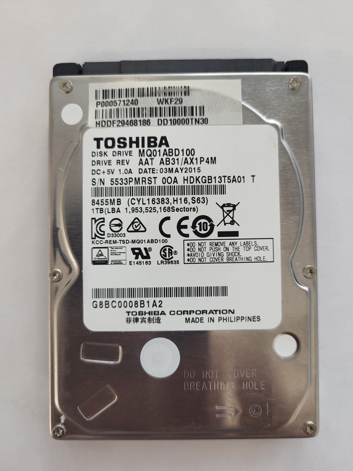 MQ01ABD100, HDKGB13T5A01 T, FW: AB31/AX1P4M, 03 MAY 2015, Toshiba 1Tb 2.5" HDD STK