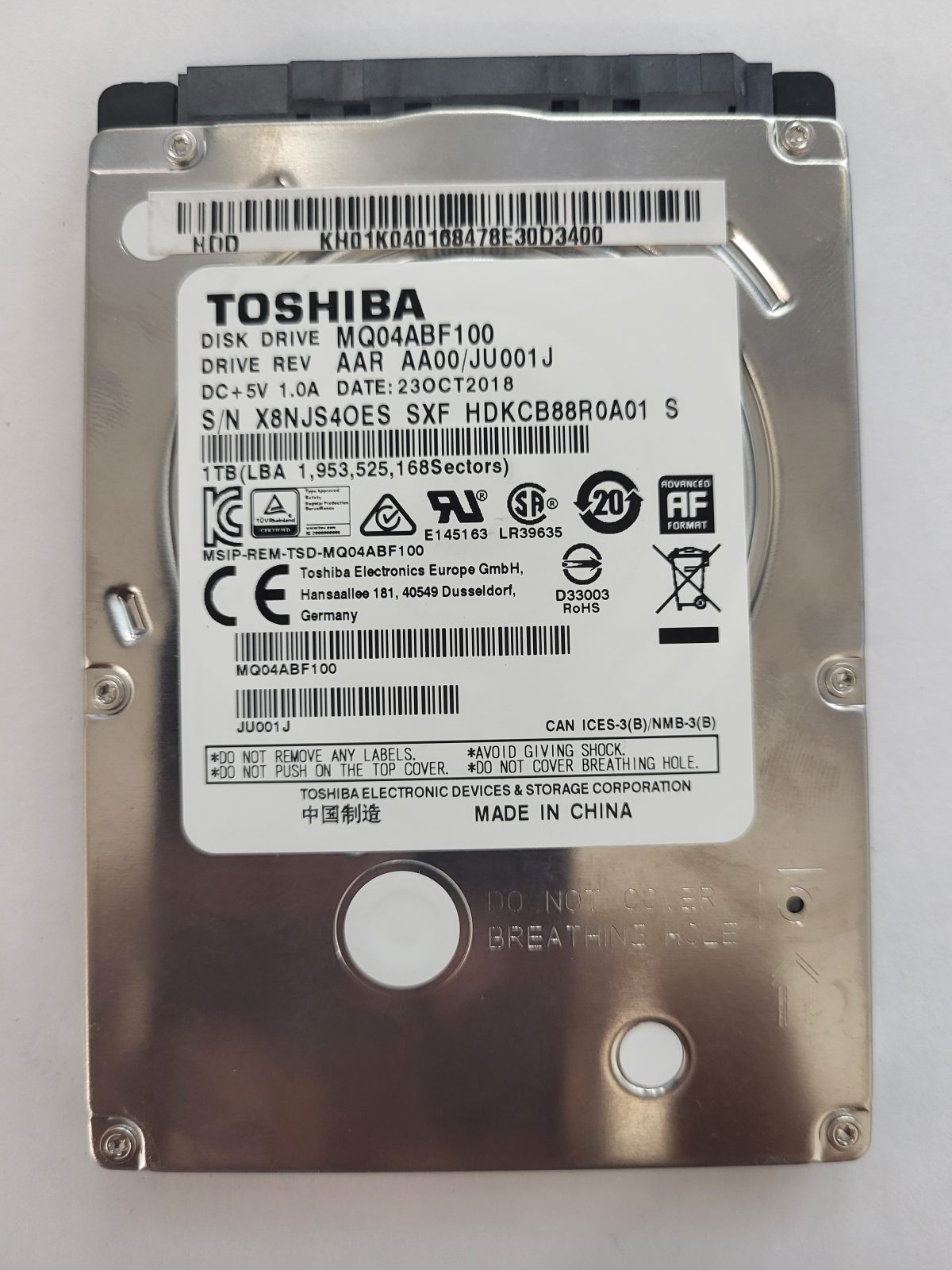 MQ04ABF100, HDKCB88R0A01 S, FW: AA00/JU001J, 23 OCT 2018, Toshiba 1Tb 2.5" HDD STK