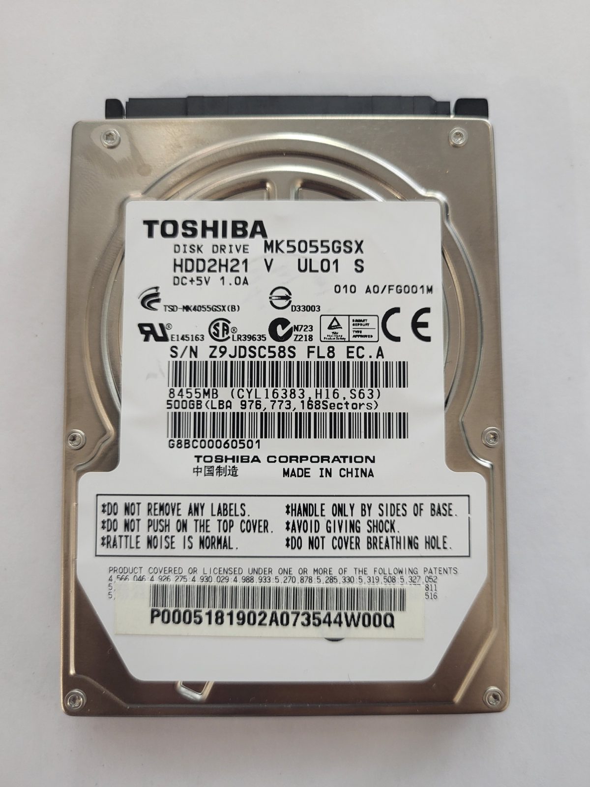 MK5055GSX, HDD2H21 V UL01 S, FW: A0/FG001M, -, Toshiba 500Gb 2.5" HDD STK