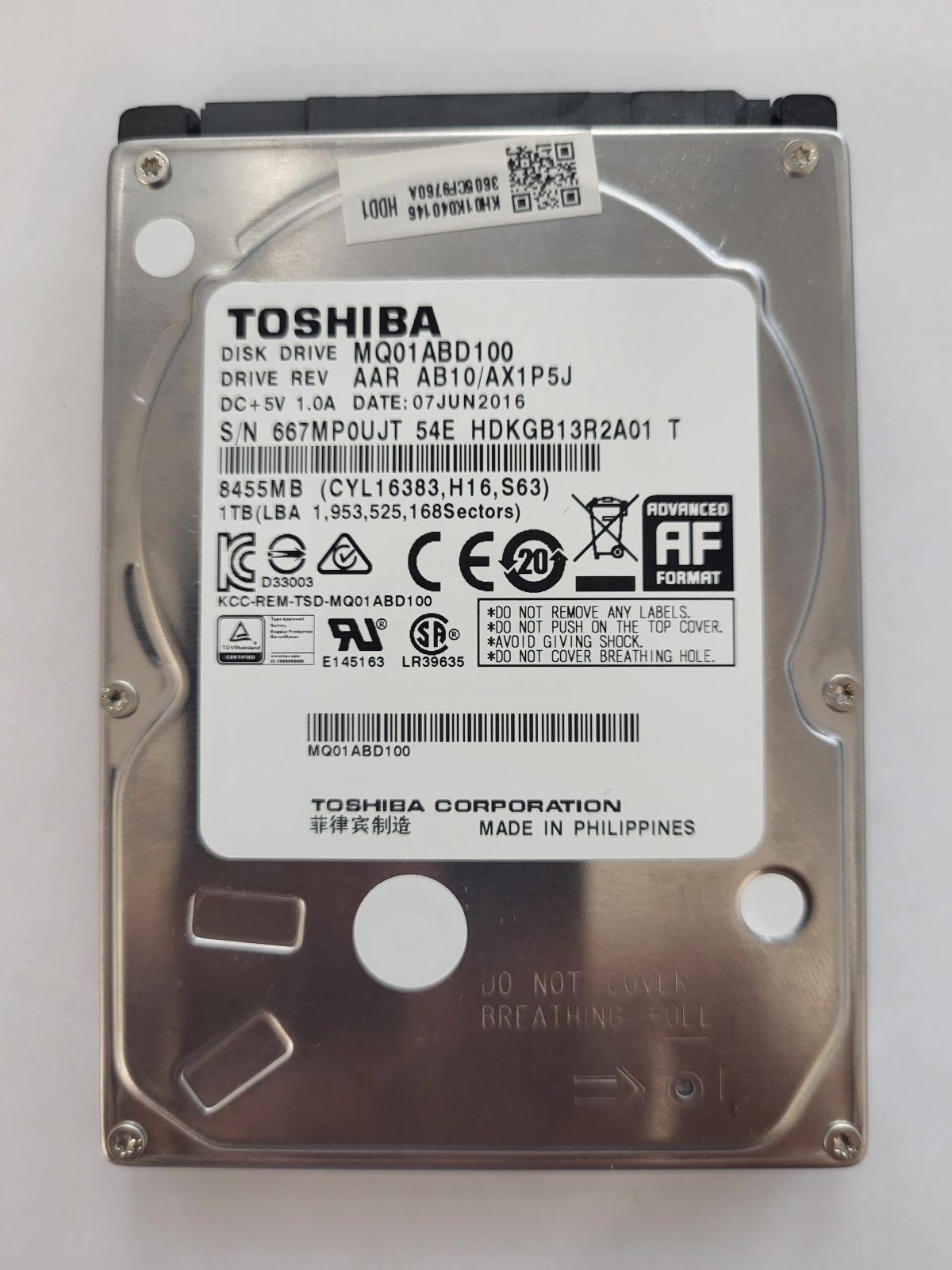 MQ01ABD100, HDKGB13R2A01 T, FW: AB10/AX1P5J, 07 JUN 2016, Toshiba 1Tb 2.5" HDD STK