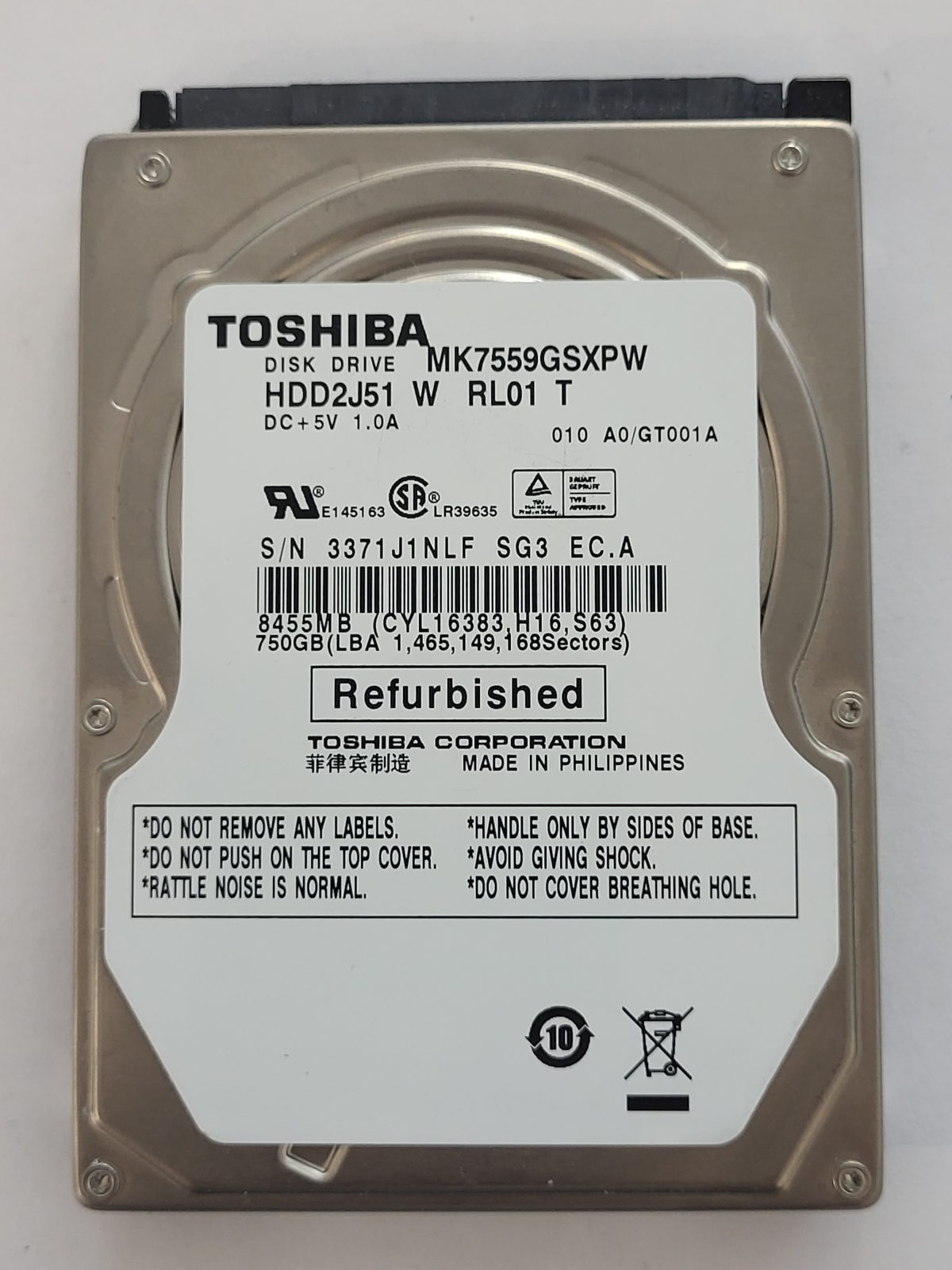 MK7559GSXPW, HDD2J51 W RL01 T, FW: A0/GT001A, -, Toshiba 750Gb 2.5" HDD STK
