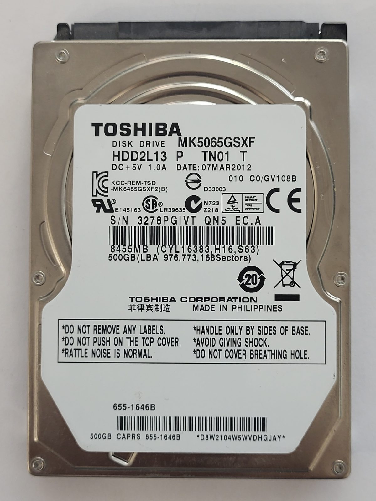 MK5065GSXF, HDD2L13 P TN01 T, FW: C0/GV108B, 07 MAR 2012, Toshiba 500Gb 2.5" HDD STK