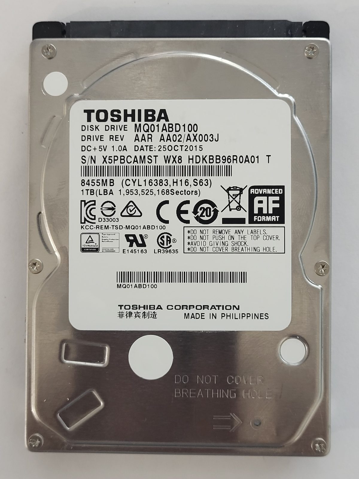 MQ01ABD100, HDKBB96R0A01 T, FW: AA02/AX003J, 25 OCT 2015, Toshiba 1Tb 2.5" HDD STK