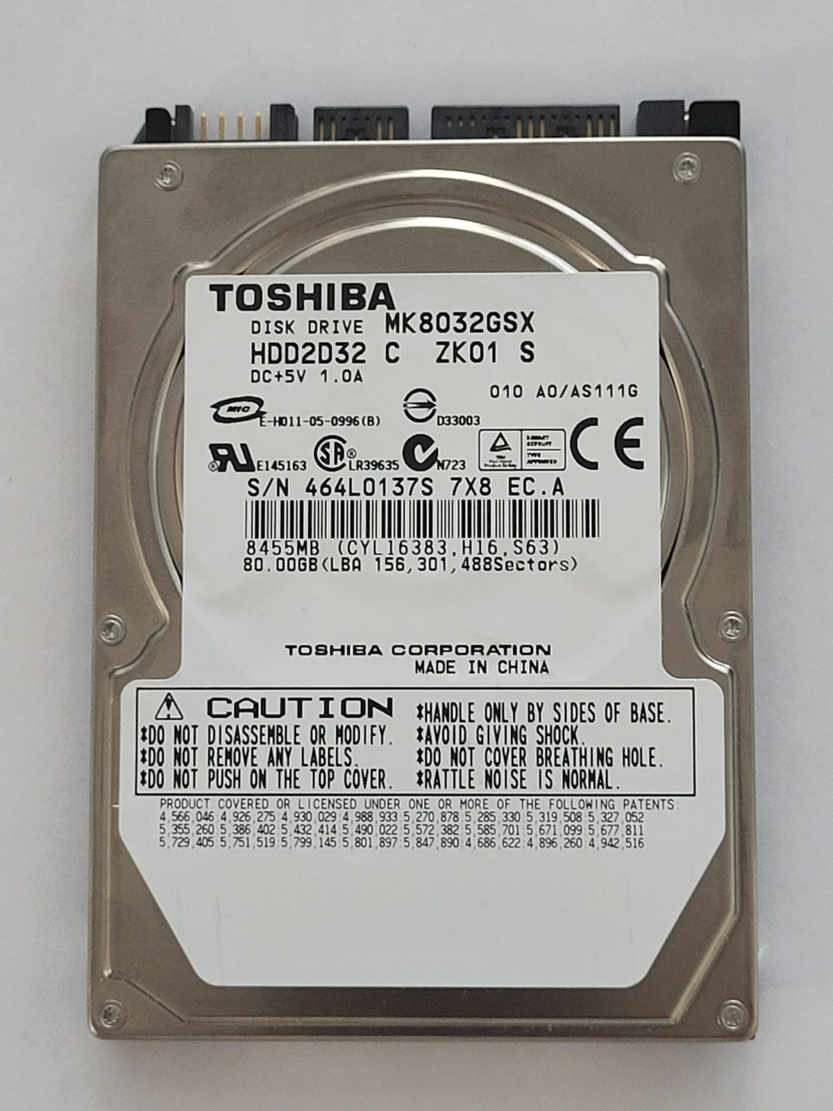 MK8032GSX, HDD2D32 C ZK01 S, FW: A0/AS111G, -, Toshiba 80Gb 2.5" HDD STK