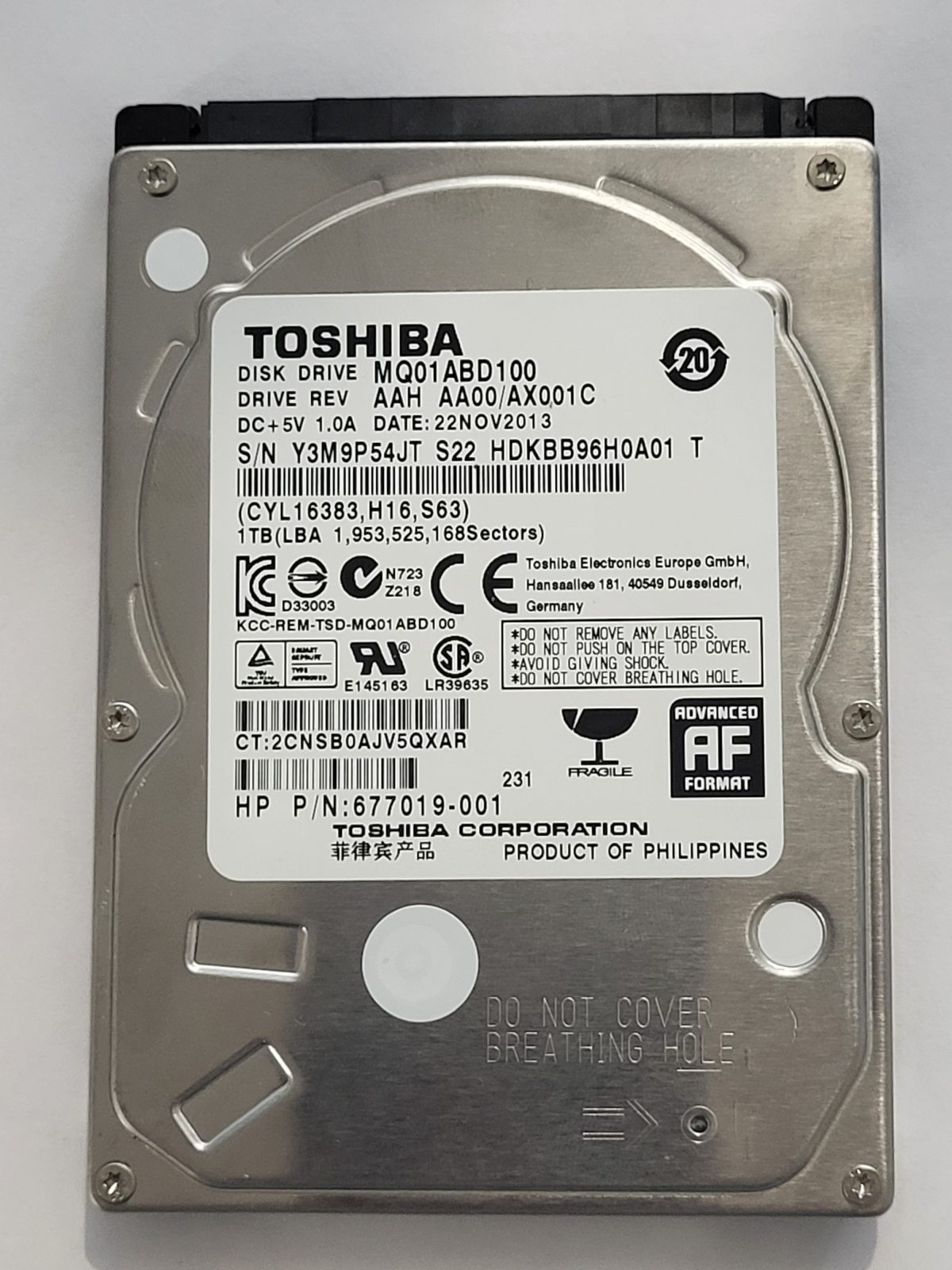 MQ01ABD100, HDKBB96H0A01 T, FW: AA00/AX001C, 22 NOV 2013, Toshiba 1Tb 2.5" HDD STK