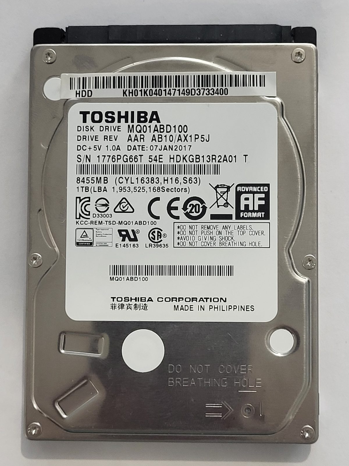 MQ01ABD100, HDKGB13R2A01 T, FW: AB10/AX1P5J, 07 JAN 2017, Toshiba 1Tb 2.5" HDD STK