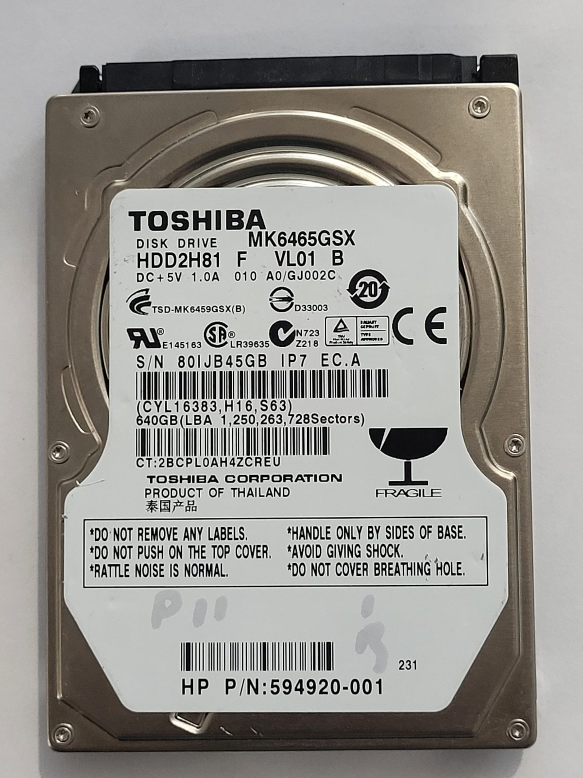 MK6465GSX, HDD2H81 F VL01 B, FW: A0/GJ002C, -, Toshiba 640Gb 2.5" HDD STK