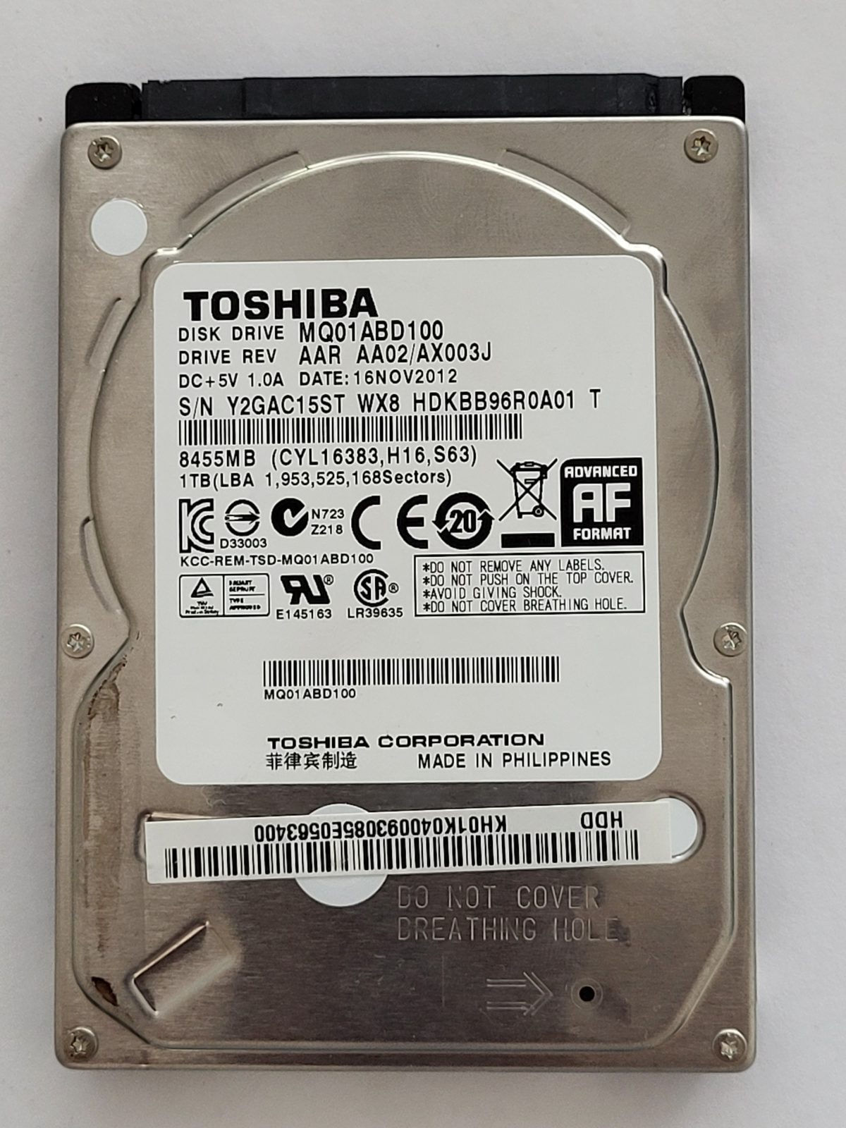 MQ01ABD100, HDKBB96R0A01 T, FW: AA02/AX003J, 16 NOV 2012, Toshiba 1Tb 2.5" HDD STK