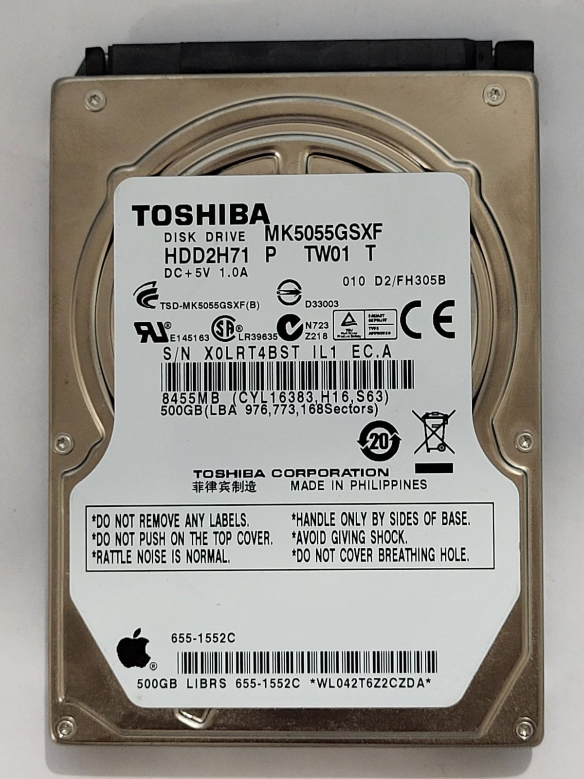 MK5055GSXF, HDD2H71 P TW01 T, FW: D2/FH305B, -, Toshiba 500Gb 2.5" HDD STK