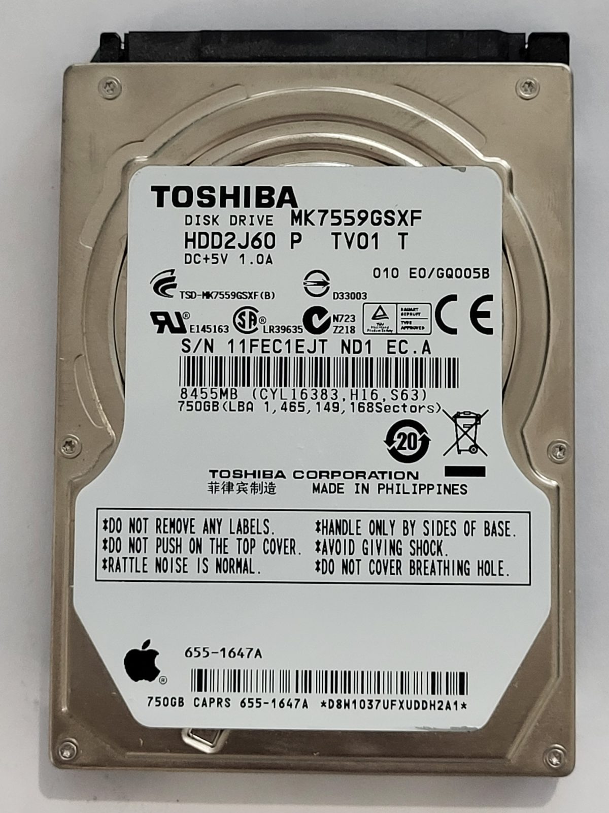 MK7559GSXF, HDD2J60 P TV01 T, FW: E0/GQ005B, -, Toshiba 750Gb 2.5" HDD STK