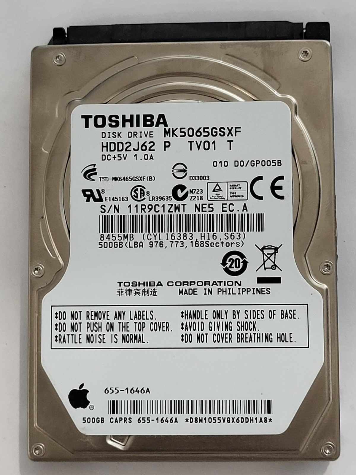 MK5065GSXF, HDD2J62 P TV01 T, FW: D0/GP005B, -, Toshiba 500Gb 2.5" HDD STK