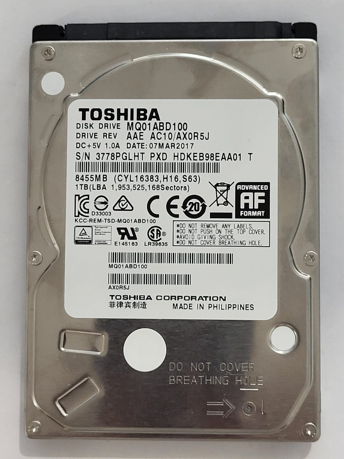 MQ01ABD100, HDKEB98EAA01 T, FW: AC10/AX0R5J, 07 MAR 2017, Toshiba 1Tb 2.5" HDD STK