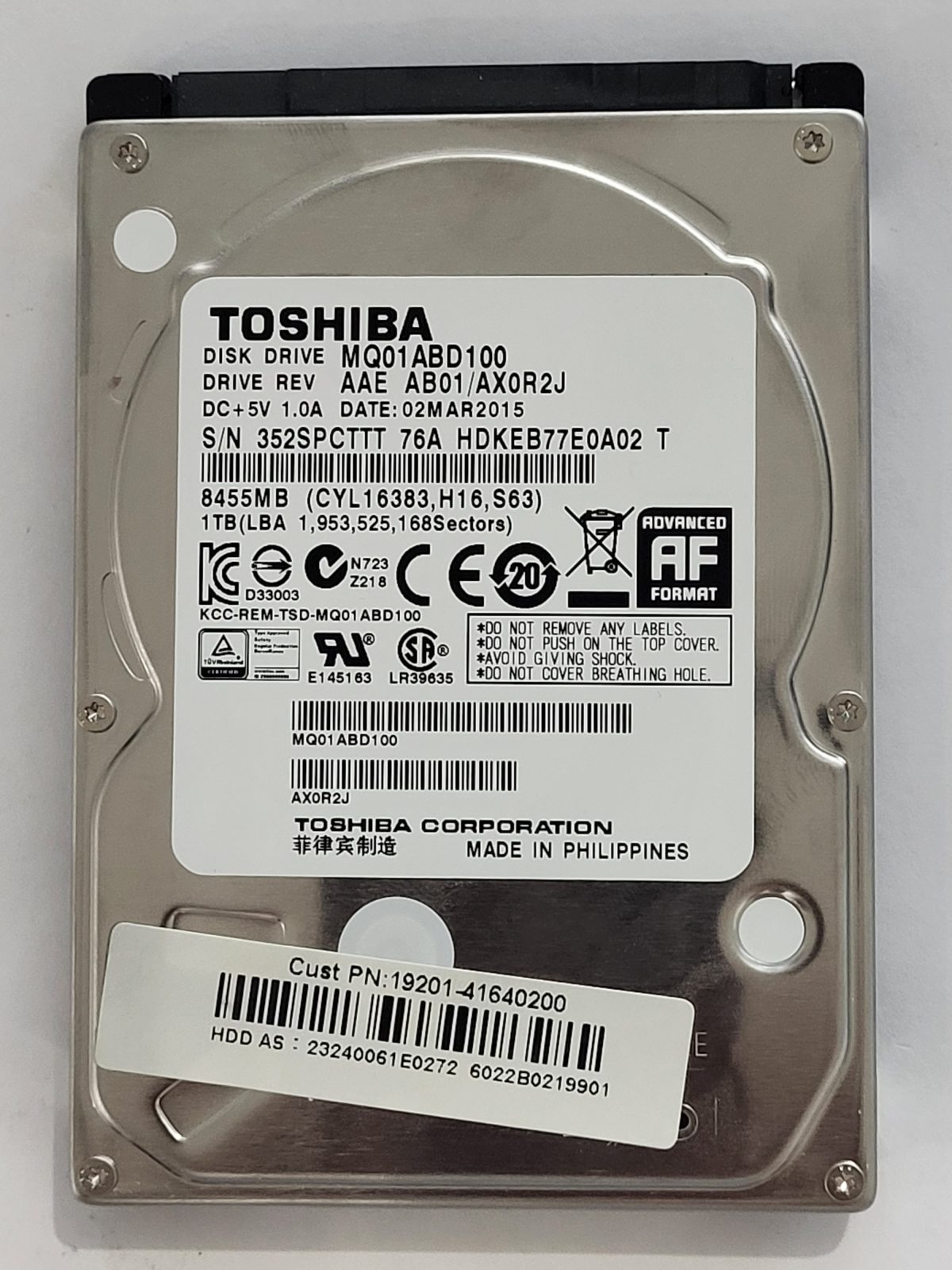 MQ01ABD100, HDKEB77E0A02 T, FW: AB01/AX0R2J, 02 MAR 2015, Toshiba 1Tb 2.5" HDD STK