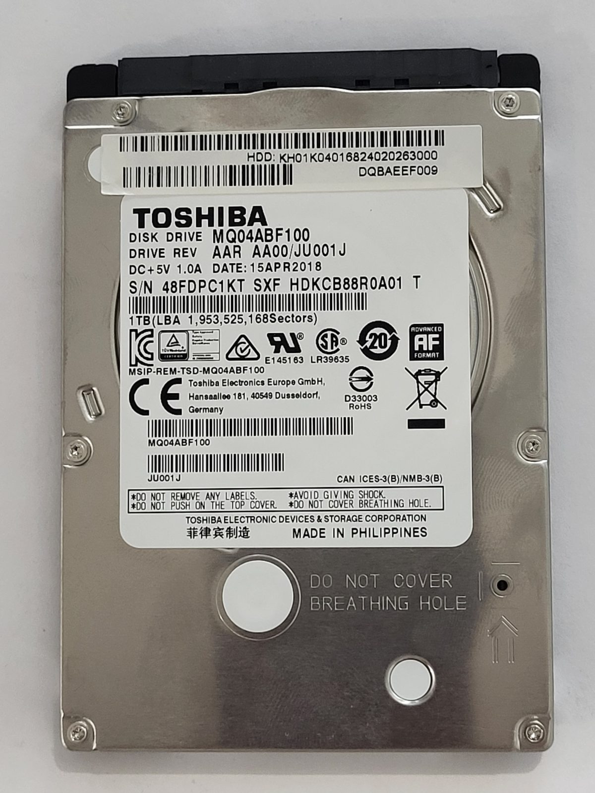 MQ04ABF100, HDKCB88R0A01 T, FW: AA00/JU001J, 15 APR 2018, Toshiba 1Tb 2.5" HDD STK