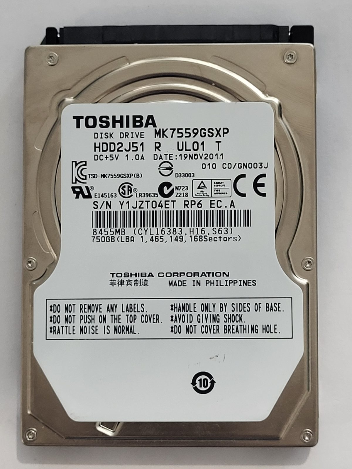 MK7559GSXP, HDD2J51 R UL01 T, FW: C0/GN003J, 19 NOV 2011, Toshiba 750Gb 2.5" HDD STK