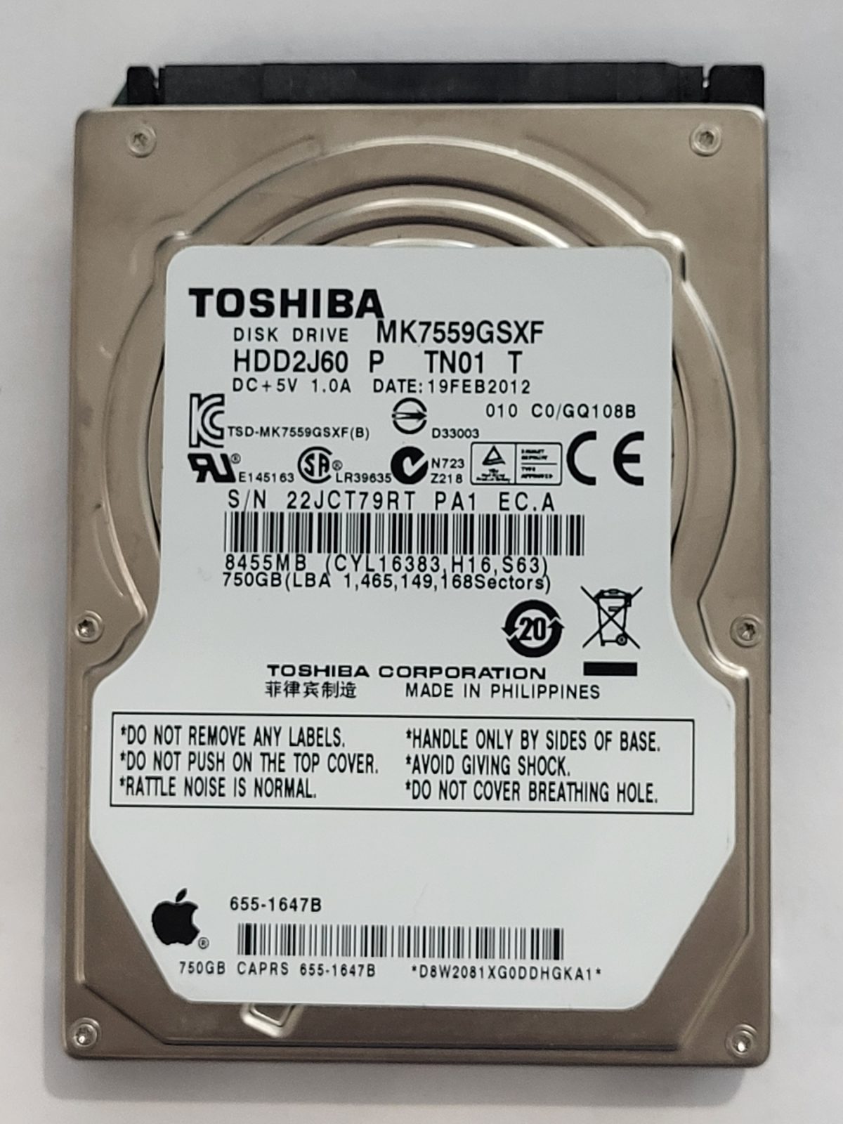 MK7559GSXF, HDD2J60 P TN01 T, FW: C0/GQ108B, 19 FEB 2012, Toshiba 750Gb 2.5" HDD STK