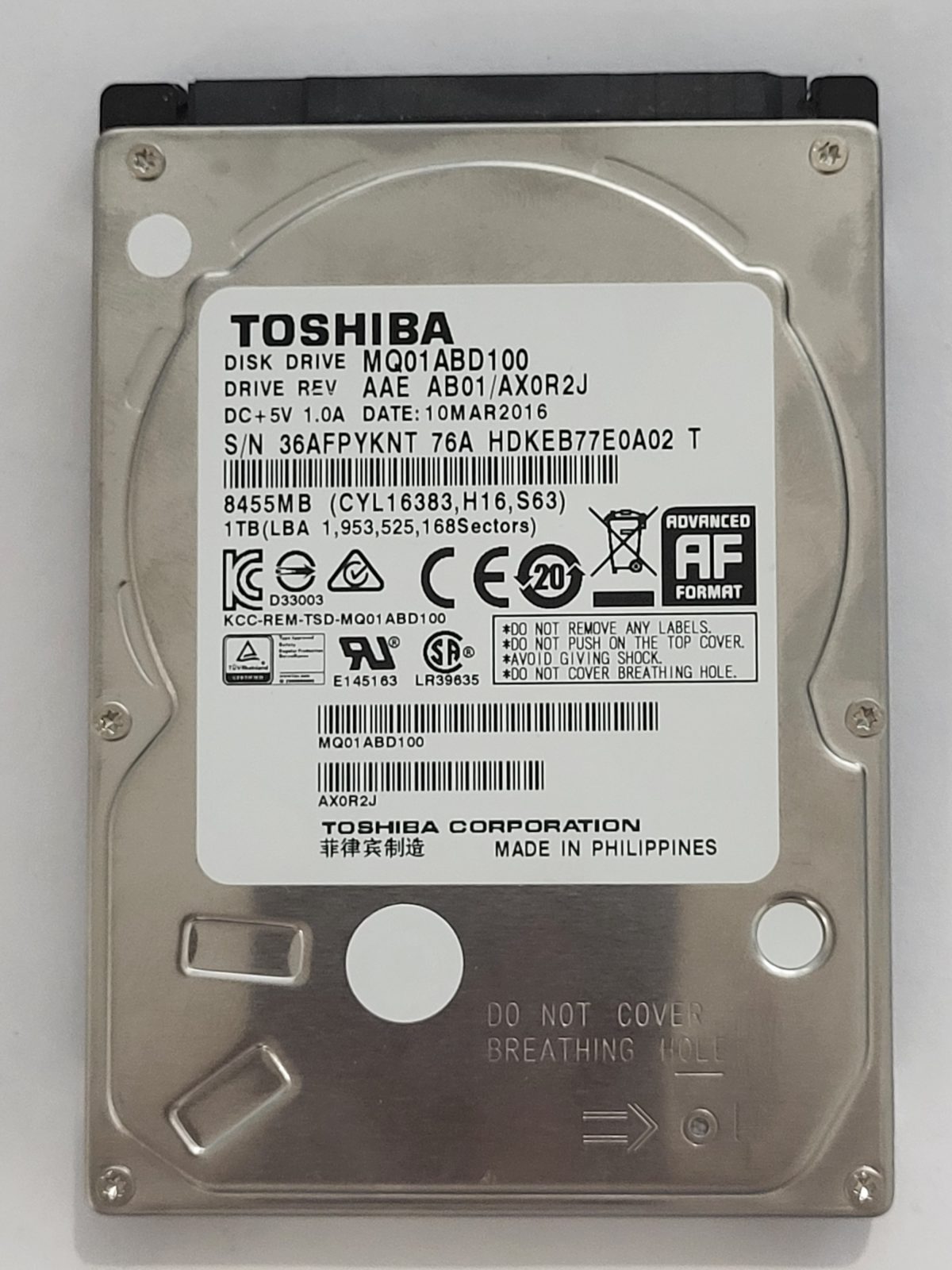 MQ01ABD100, HDKEB77E0A02 T, FW: AB01/AX0R2J, 10 MAR 2016, Toshiba 1Tb 2.5" HDD STK