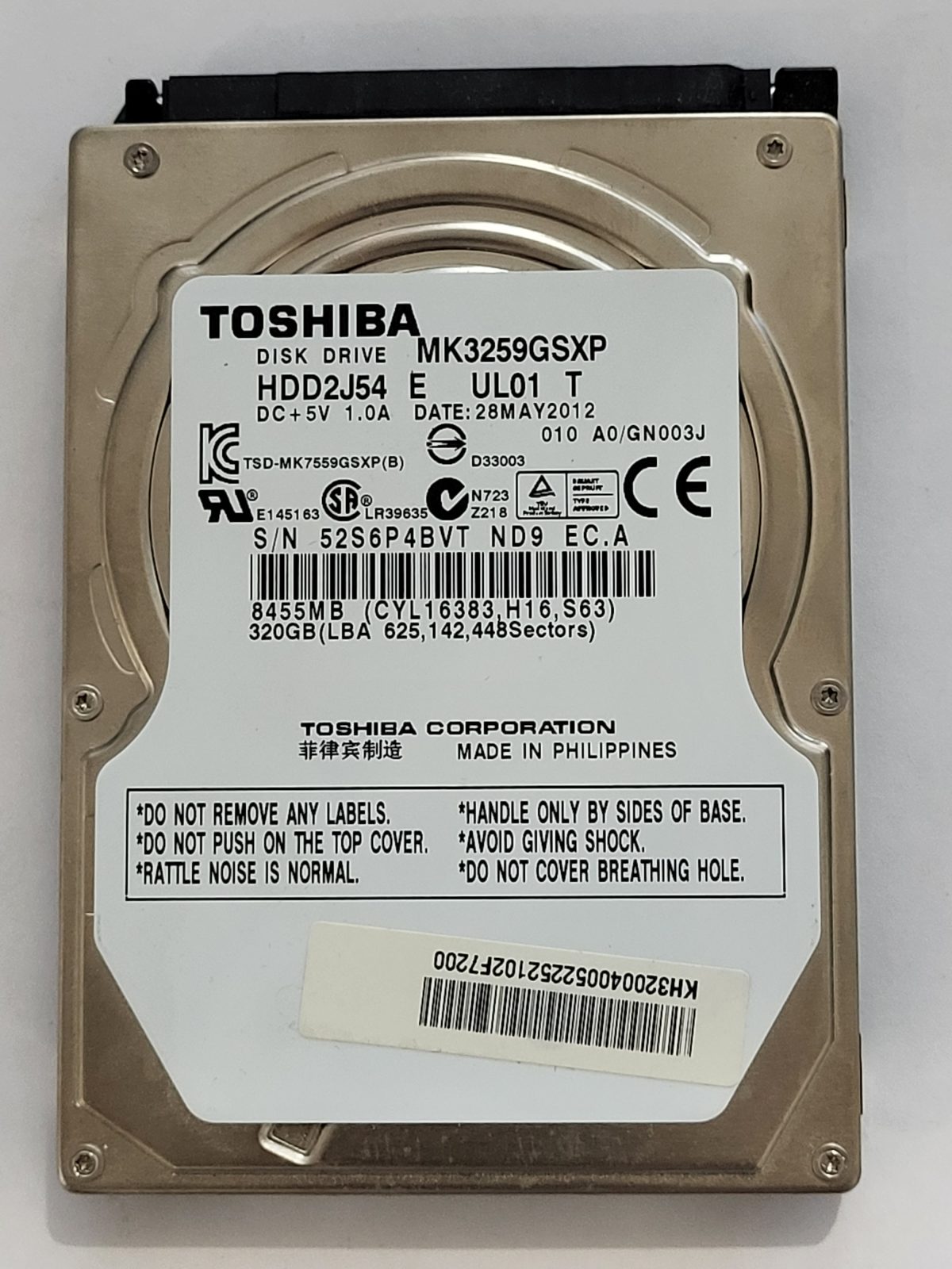 MK3259GSXP, HDD2J54 E UL01 T, FW: A0/GN003J, 28 MAY 2012, Toshiba 320Gb 2.5" HDD STK