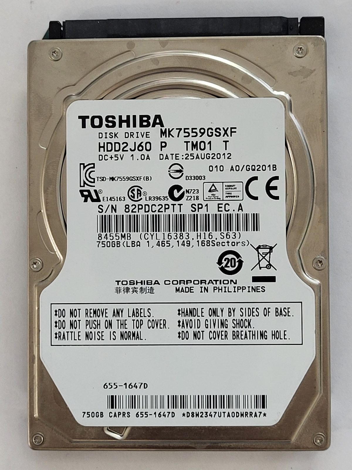 MK7559GSXF, HDD2J60 P TM01 T, FW: A0/GQ201B, 25 AUG 2012, Toshiba 750Gb 2.5" HDD STK