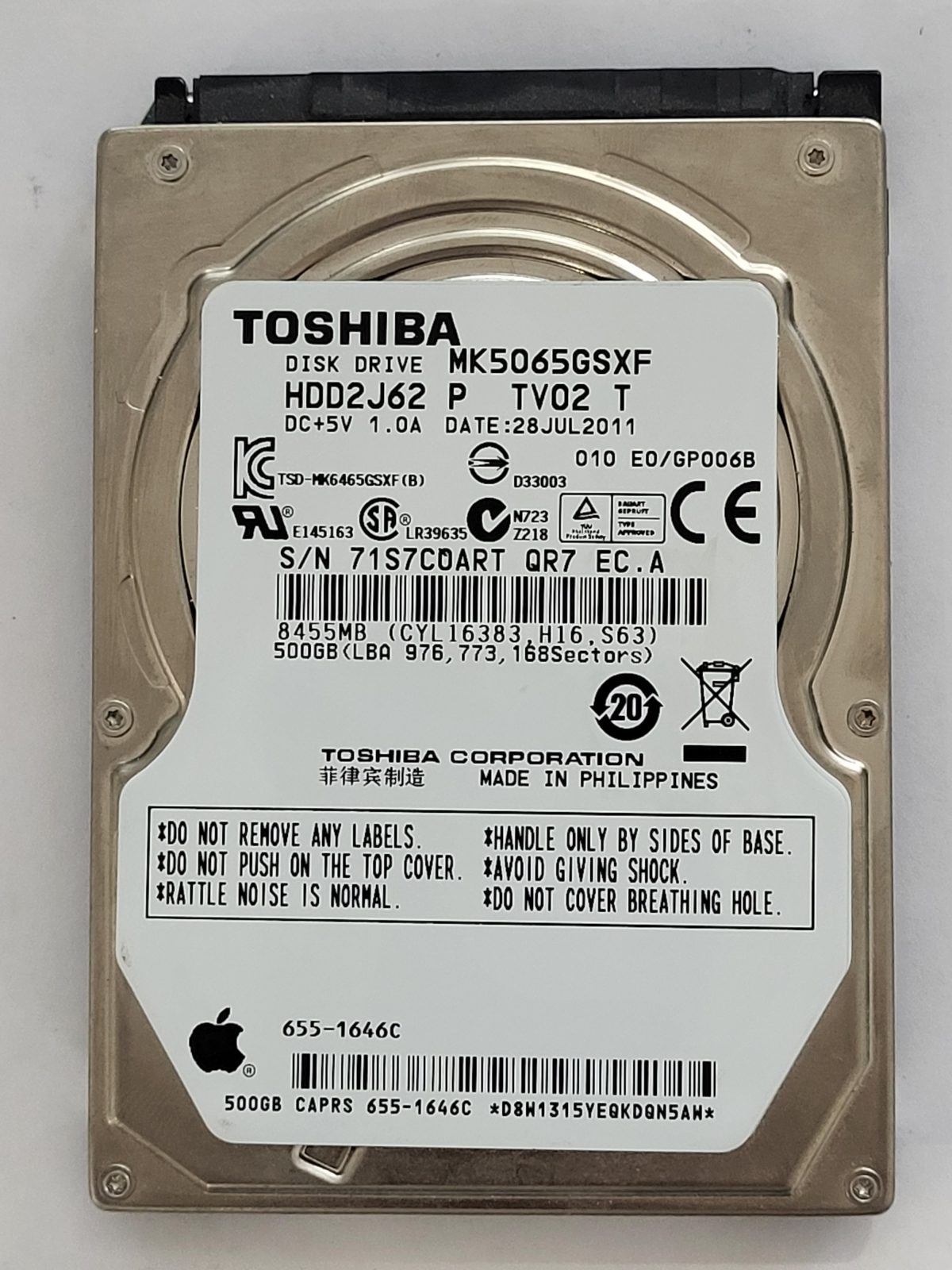 MK5065GSXF, HDD2J62 P TV02 T, FW: E0/GP006B, 28 JUL 2011, Toshiba 500Gb 2.5" HDD STK