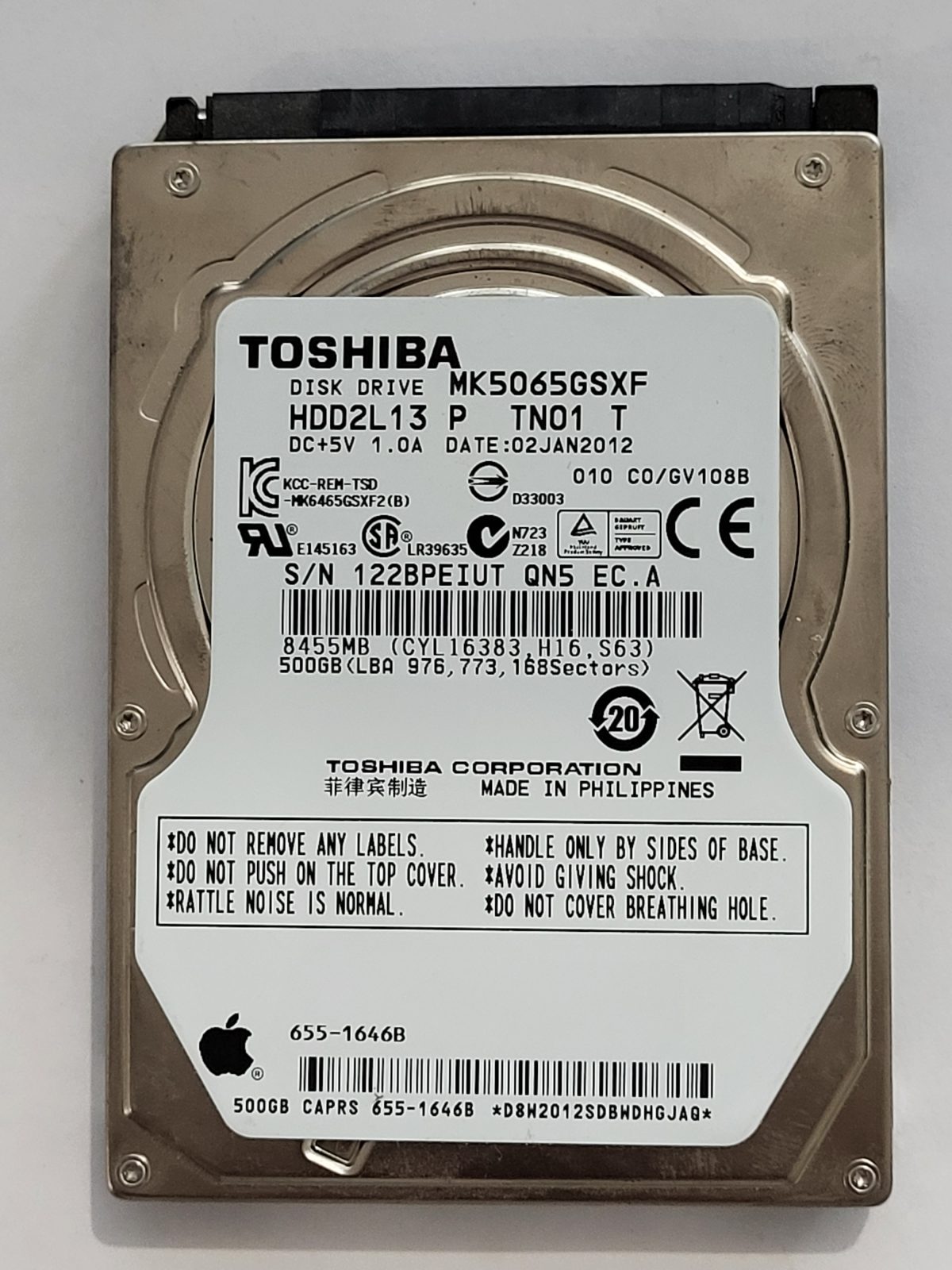 MK5065GSXF, HDD2L13 P TN01 T, FW: C0/GV108B, 02 JAN 2012, Toshiba 500Gb 2.5" HDD STK