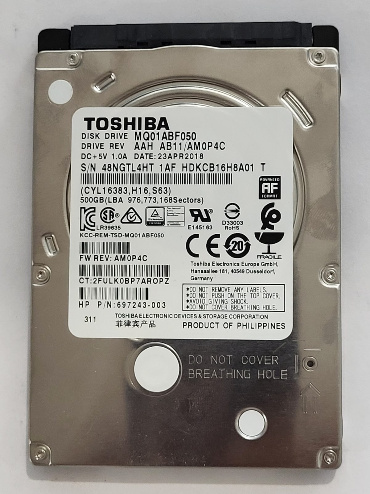 MQ01ABF050, HDKCB13H8A01 T, FW: AB11/AM0P4C, 23 APR 2018, Toshiba 500Gb 2.5" HDD STK