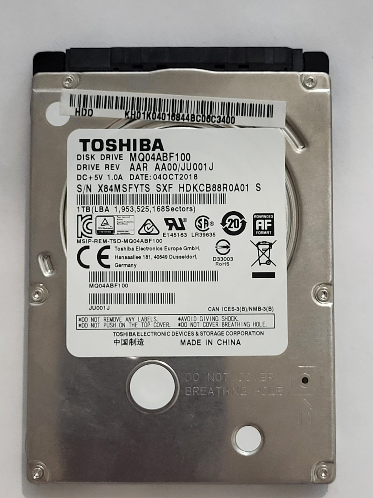 MQ04ABF100, HDKCB88R0A01 S, FW: AA00/JU001J, 04 OCT 2018, Toshiba 1Tb 2.5" HDD STK