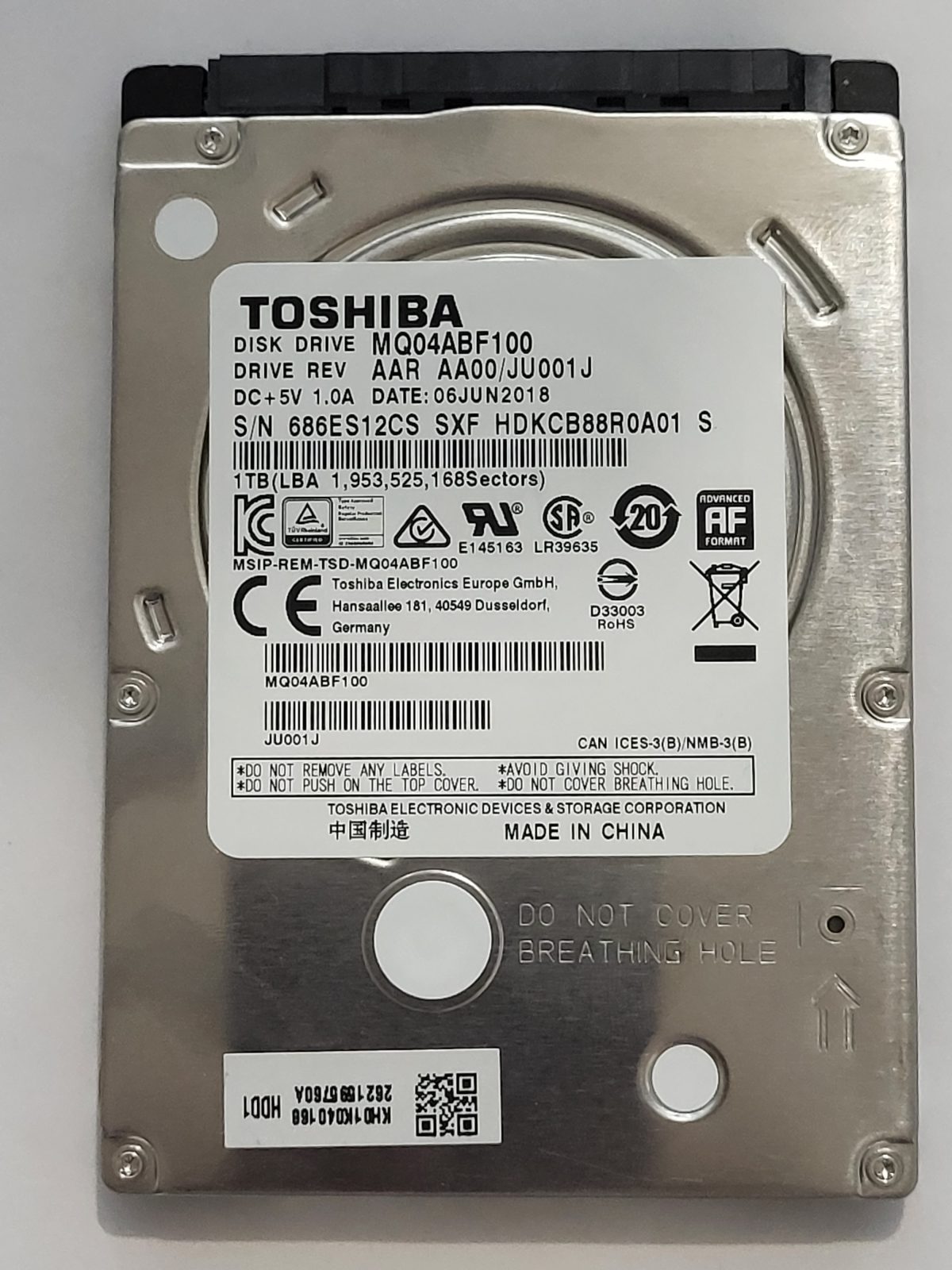 MQ04ABF100, HDKCB88R0A01 S, FW: AA00/JU001J, 06 JUN 2018, Toshiba 1Tb 2.5" HDD STK