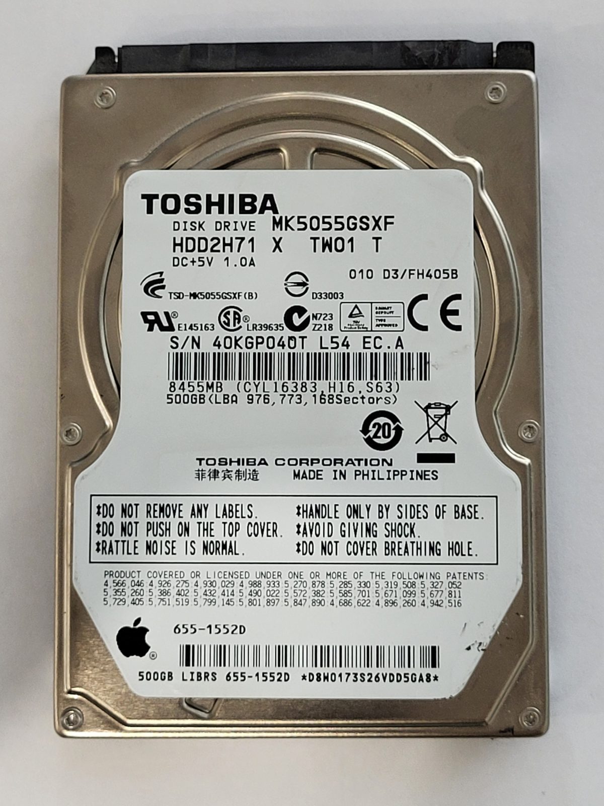 MK5055GSXF, HDD2H71 X TW01 T, FW: D3/FH405B, -, Toshiba 500Gb 2.5" HDD STK