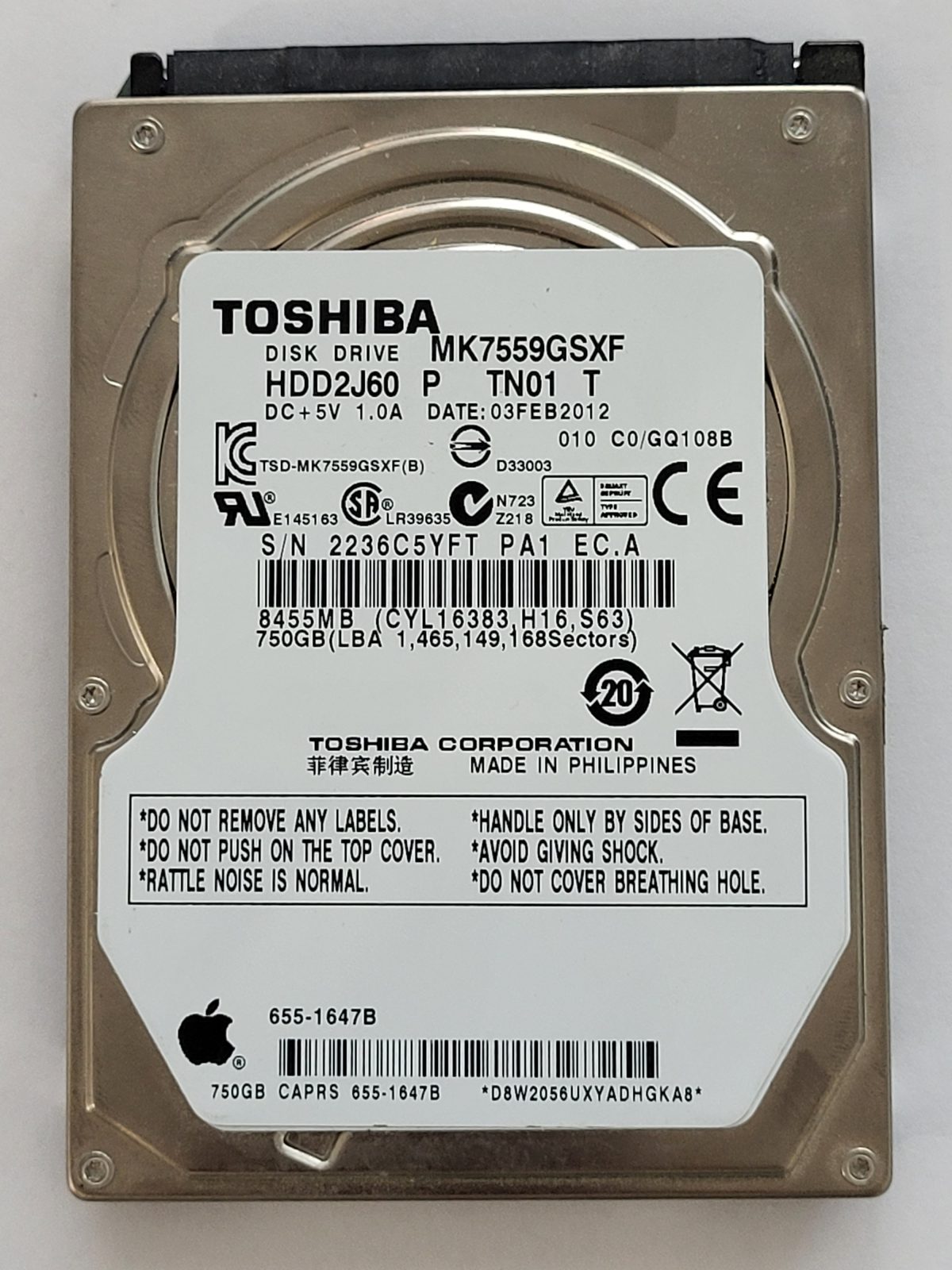MK7559GSXF, HDD2J60 P TN01 T, FW: C0/GQ108B, 03 FEB 2012, Toshiba 750Gb 2.5" HDD STK