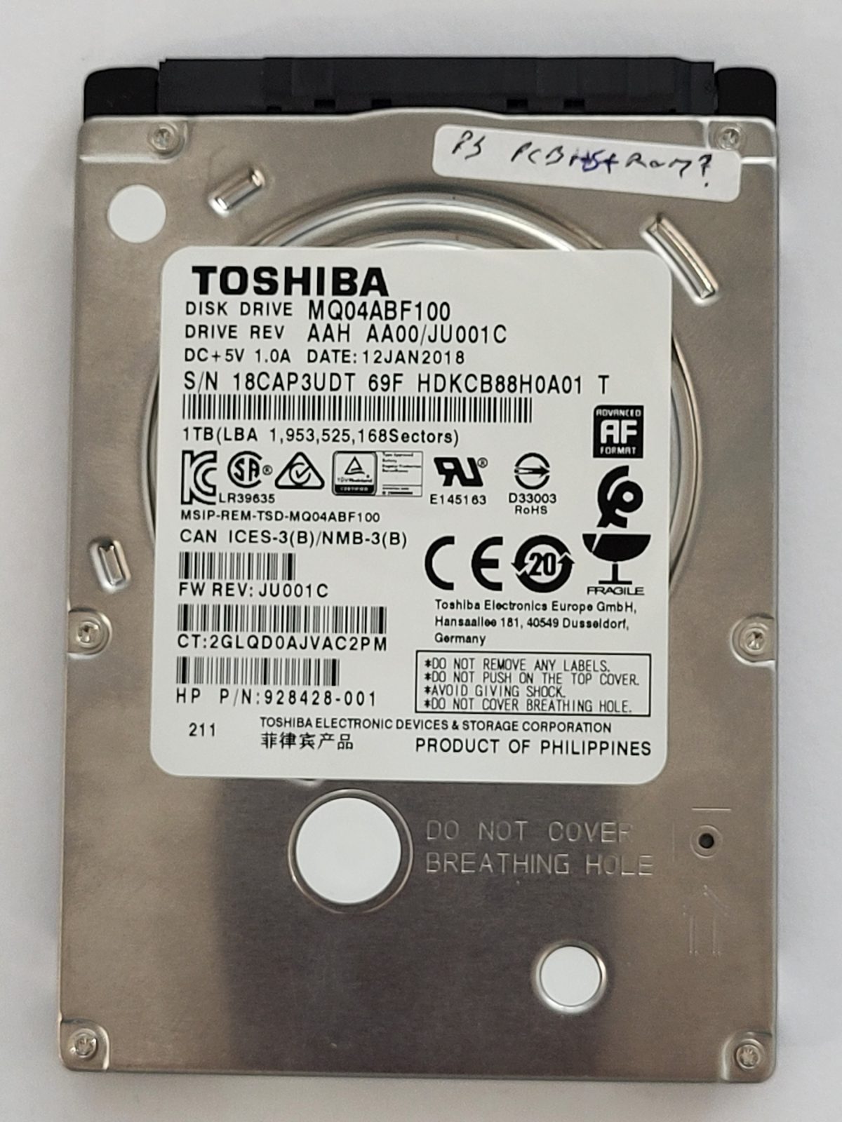 MQ04ABF100, HDKCB88H0A01 T, FW: AA00/JU001C, 12 JAN 2018, Toshiba 1Tb 2.5" HDD STK