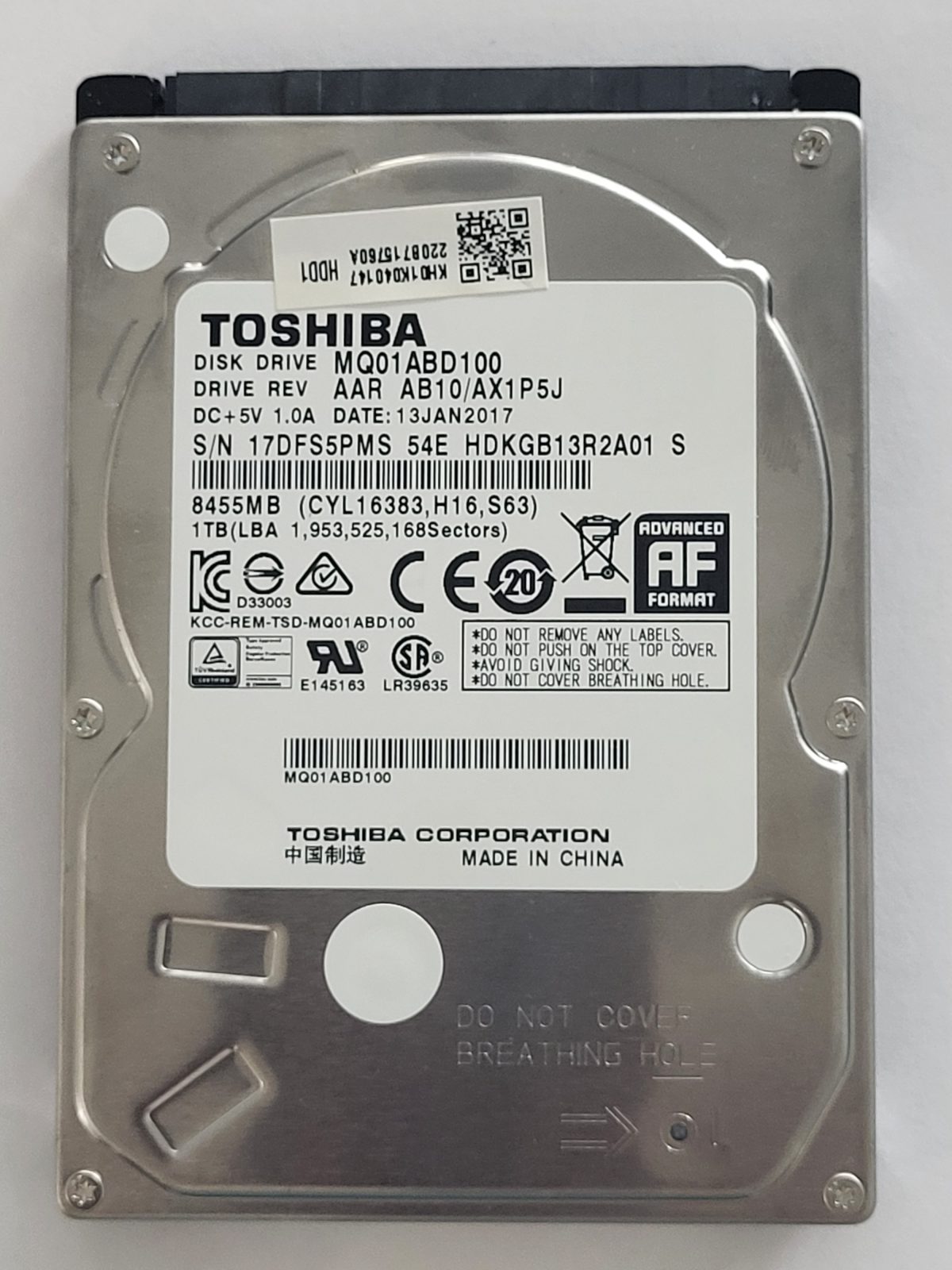 MQ01ABD100, HDKGB13R2A01 S, FW: AB10/AX1P5J, 13 JAN 2017, Toshiba 1Tb 2.5" HDD STK