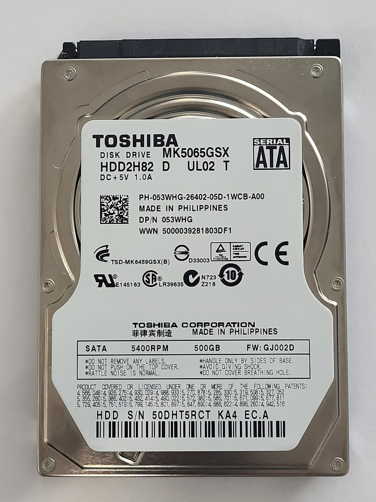 MK5065GSX, HDD2H82 D UL02 T, FW: GJ0002D, -, Toshiba 500Gb 2.5" HDD STK