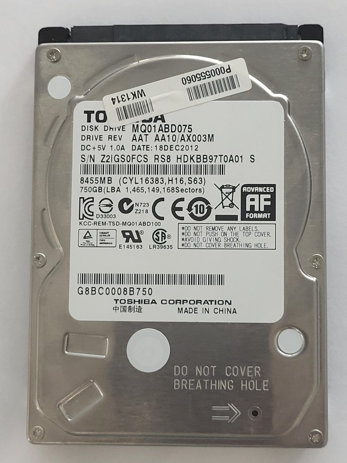 MQ01ABD075, HDKBB97T0A01 S, FW: AA10/AX003M, 18 DEC 2012, Toshiba 750Gb 2.5" HDD STK