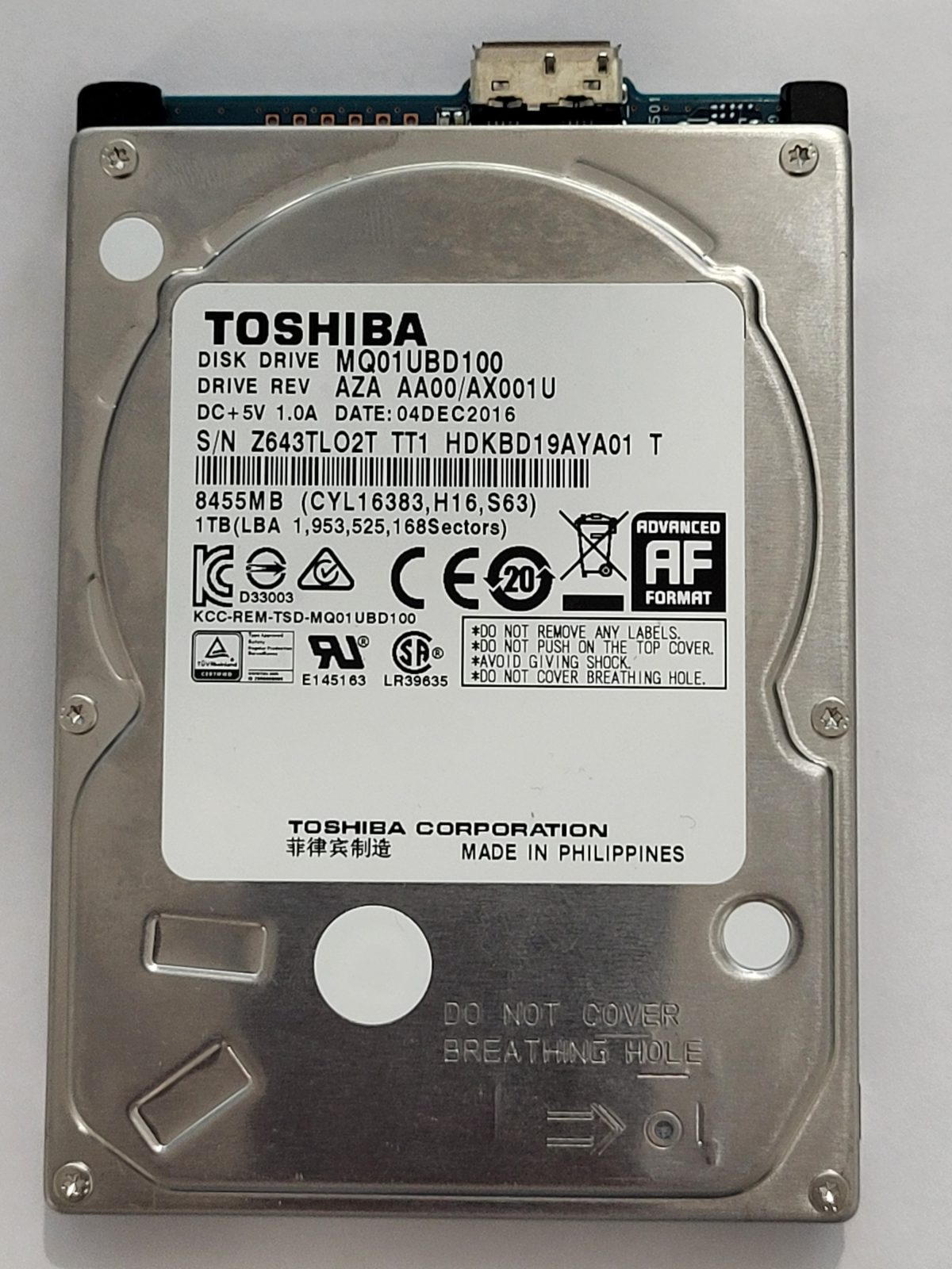 MQ01UBD100, HDKBD19AYA01 T, FW: AA00/AX001U, 04 DEC 2016, Toshiba 1Tb 2.5" HDD STK