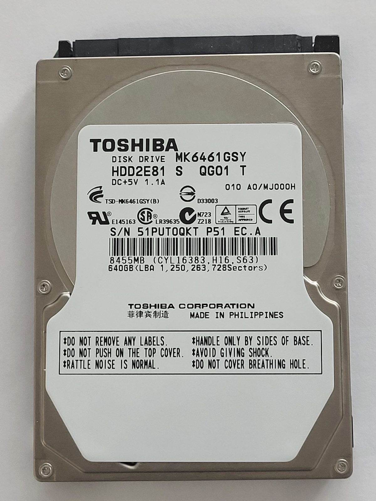 MK6461GSY, HDD2E81 S QG01 T, FW: A0/MJ000H, -, Toshiba 640Gb 2.5" HDD STK