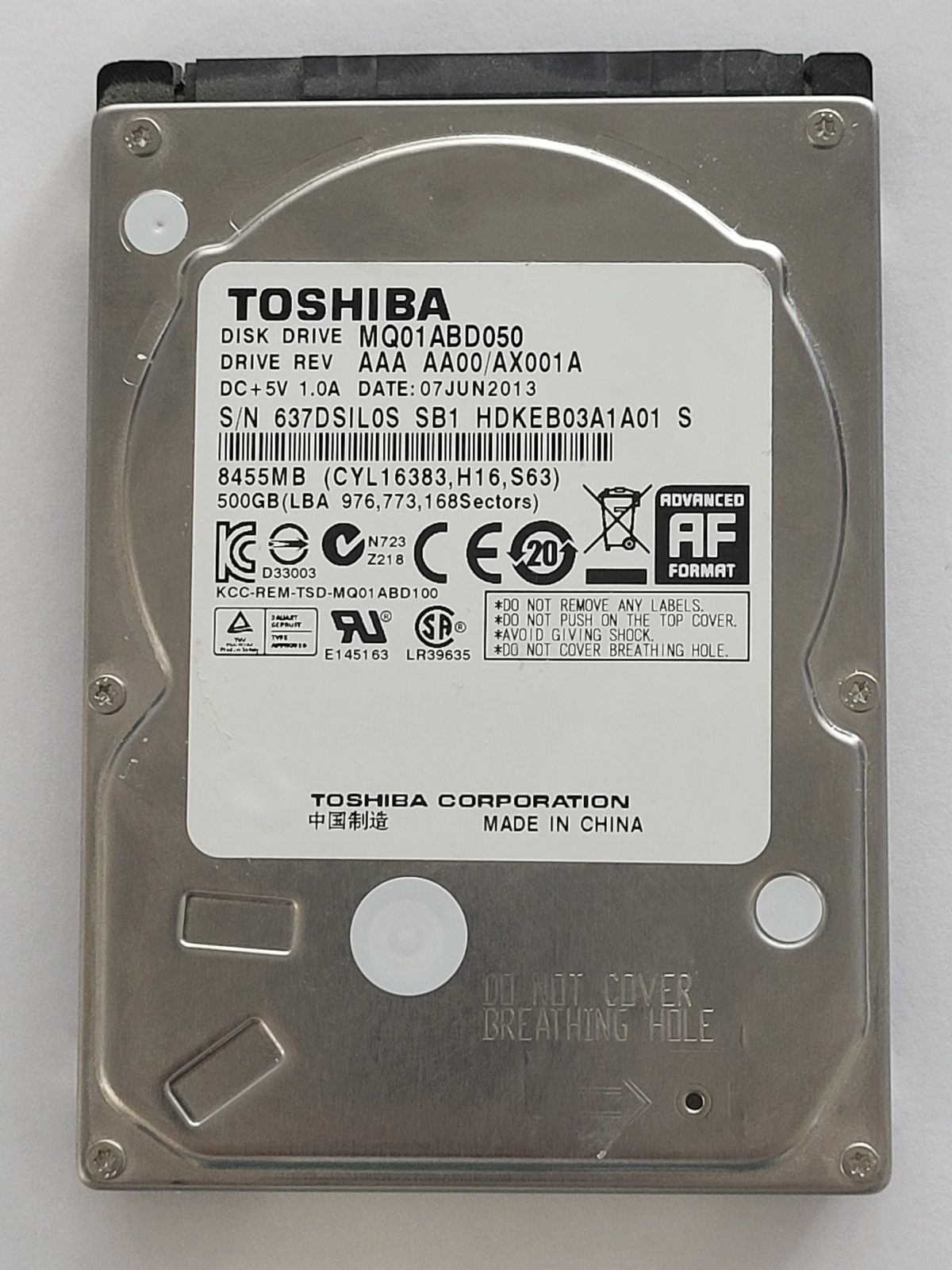 MQ01ABD050, HDKEB03A1A01 S, FW: AA00/AX001A, 07 JUN 2013, Toshiba 500Gb 2.5" HDD STK