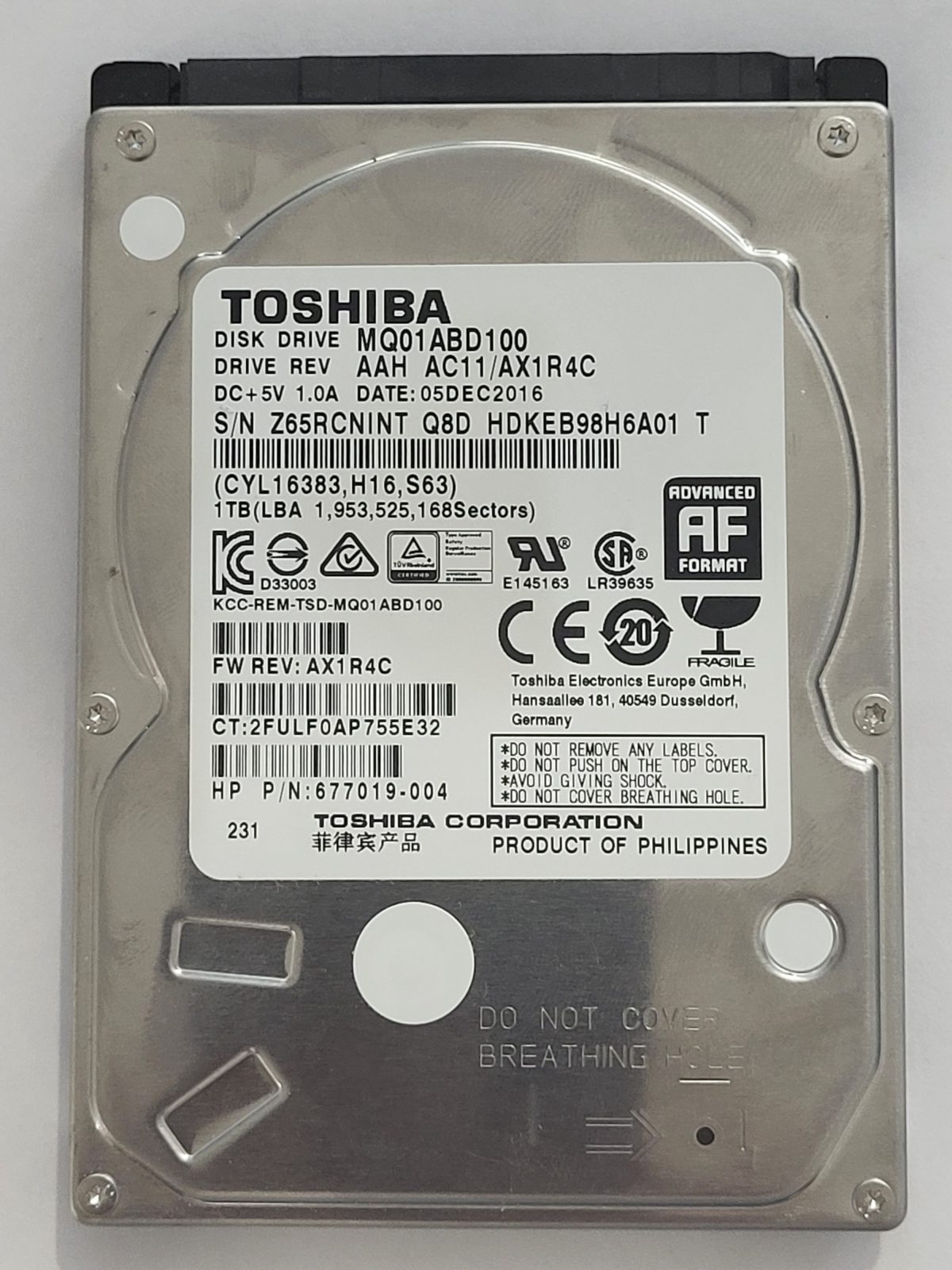 MQ01ABD100, HDKEB98H6A01 T, FW: AC11/AX1R4C, 05 DEC 2016, Toshiba 1Tb 2.5" HDD STK