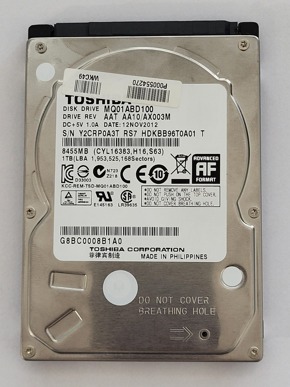 MQ01ABD100, HDKBB96T0A01 T, FW: AA10/AX003M, 12NOV2012, Toshiba 1Tb 2.5" HDD STK