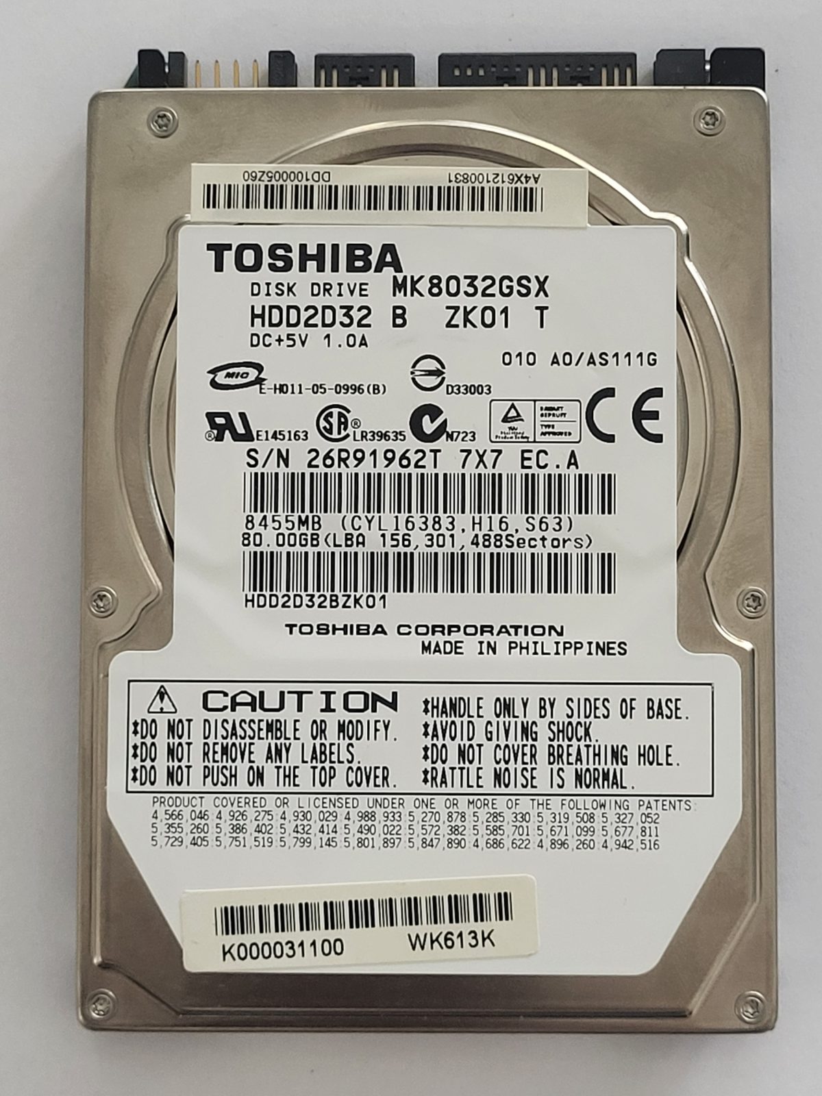 MK8032GSX, HDD2D32 B ZK01 T, FW: A0/AS111G, -, Toshiba 80Gb 2.5" HDD STK
