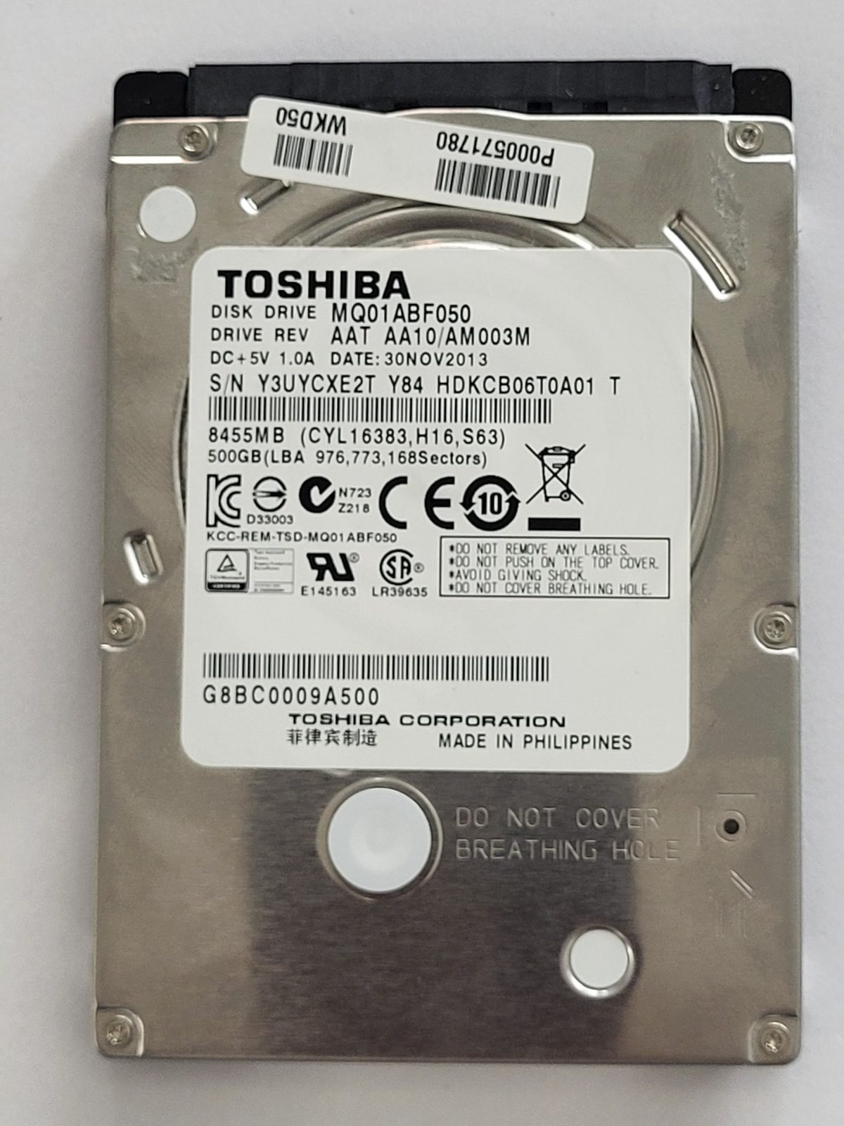 MQ01ABF050, HDKCB06T0A01 T, FW: AA10/AM003M, 30NOV2013, Toshiba 500Gb 2.5" HDD STK