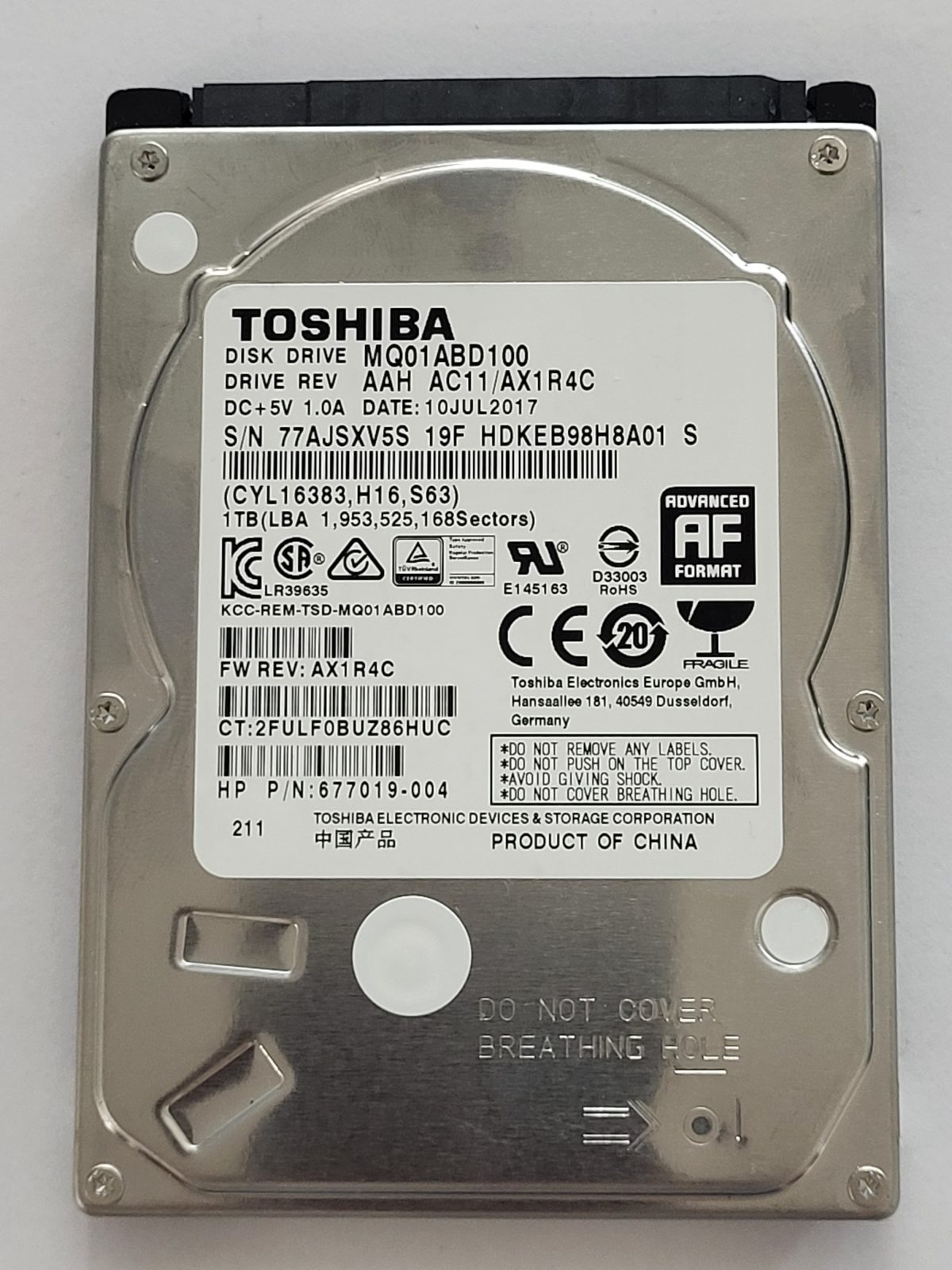 MQ01ABD100, HDKEB98H8A01 S, FW: AC11/AX1R4C, 10 JUL 2017, Toshiba 1Tb 2.5" HDD STK