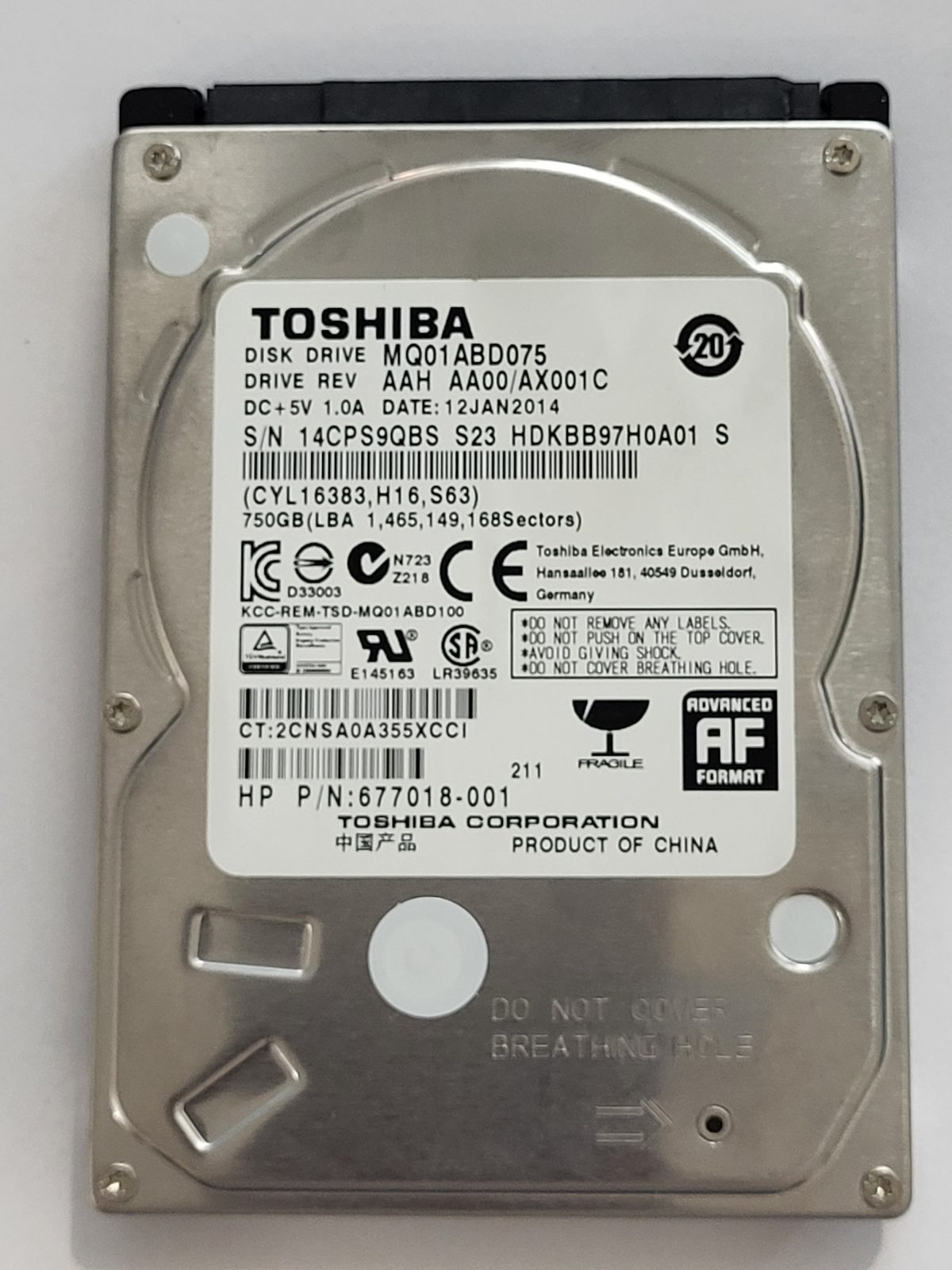MQ01ABD075, HDKBB97H0A01 S, FW: AA00/AX001C, 12 JAN 2014, Toshiba 750Gb 2.5" HDD STK