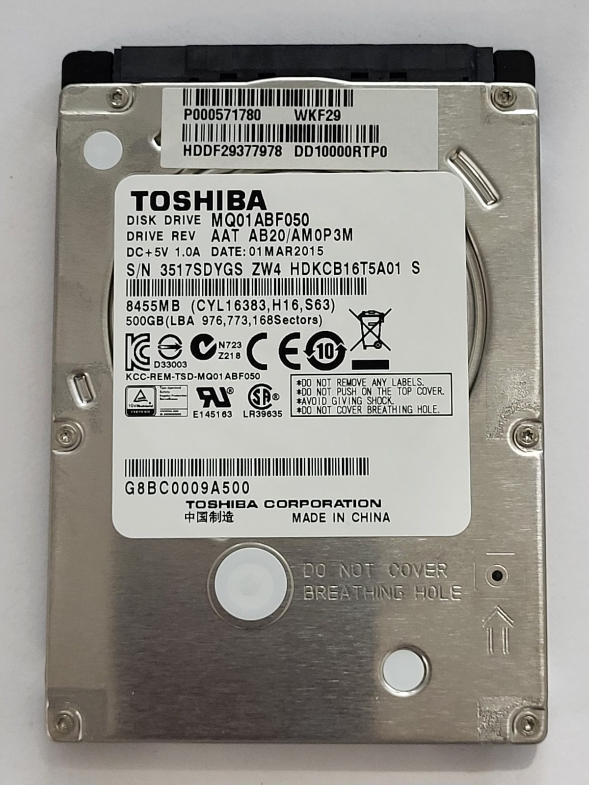 MQ01ABF050, HDKCB16T5A01 S, FW: AB20/AM0P3M, 01 MAR 2015, Toshiba 500Gb 2.5" HDD STK