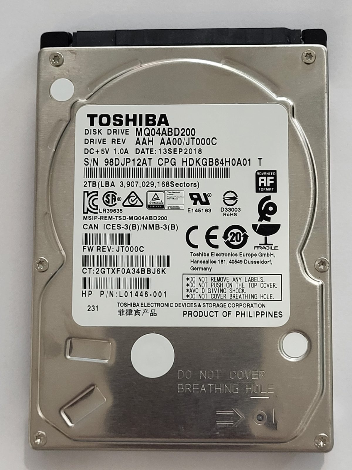 MQ04ABD200, HDKGB84H0A01 T, FW: AA0/JT000C, 13 SEP 2018, Toshiba 2Tb 2.5" HDD STK