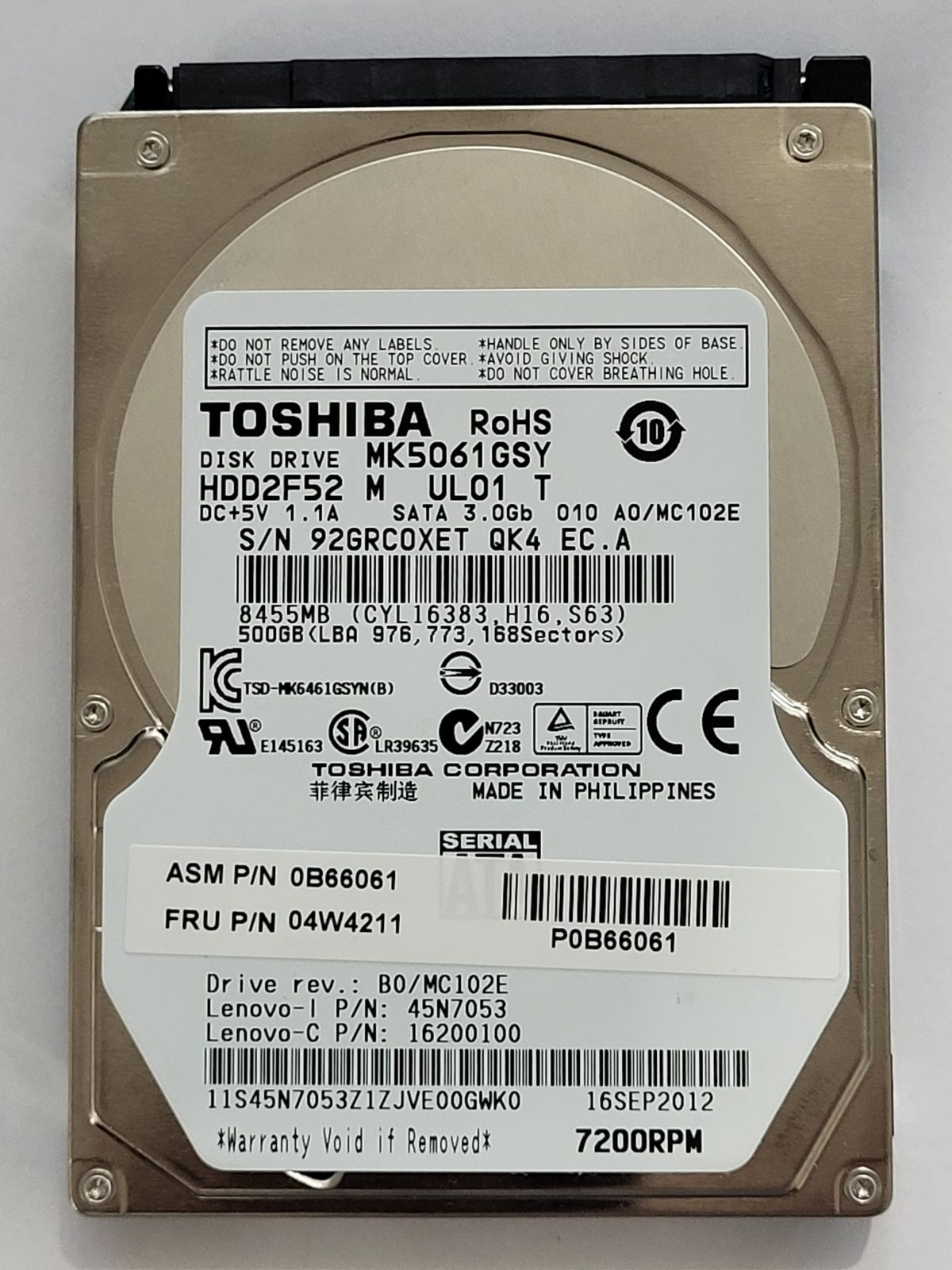 MK5061GSY, HDD2F52 M UL01 T, FW: A0/MC102E, 16 SEP 2012, Toshiba 500Gb 2.5" HDD STK