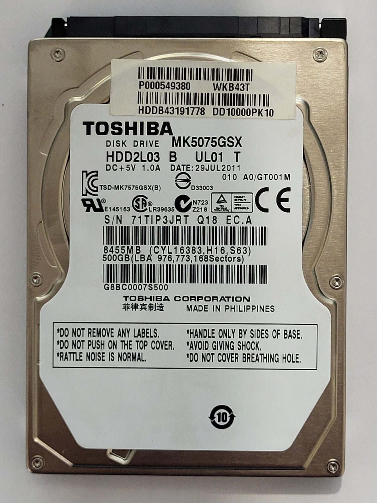 MK5075GSX, HDD2L03 B UL01 T, FW: A0/GT001M, 29 JUL 2011, Toshiba 500Gb 2.5" HDD STK