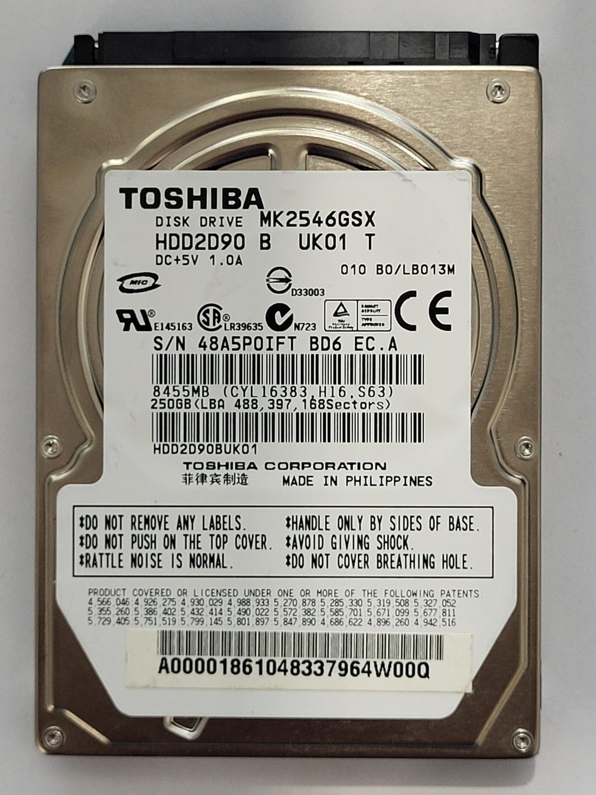 MK2546GSX, HDD2D90 B UK01 T, FW: B0/LB013M, -, Toshiba 250Gb 2.5" HDD STK